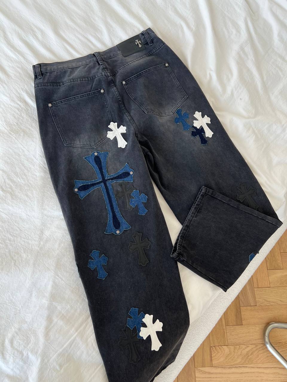 Chrome Hearts Black Washed Denim Jeans with Cross Patch Details