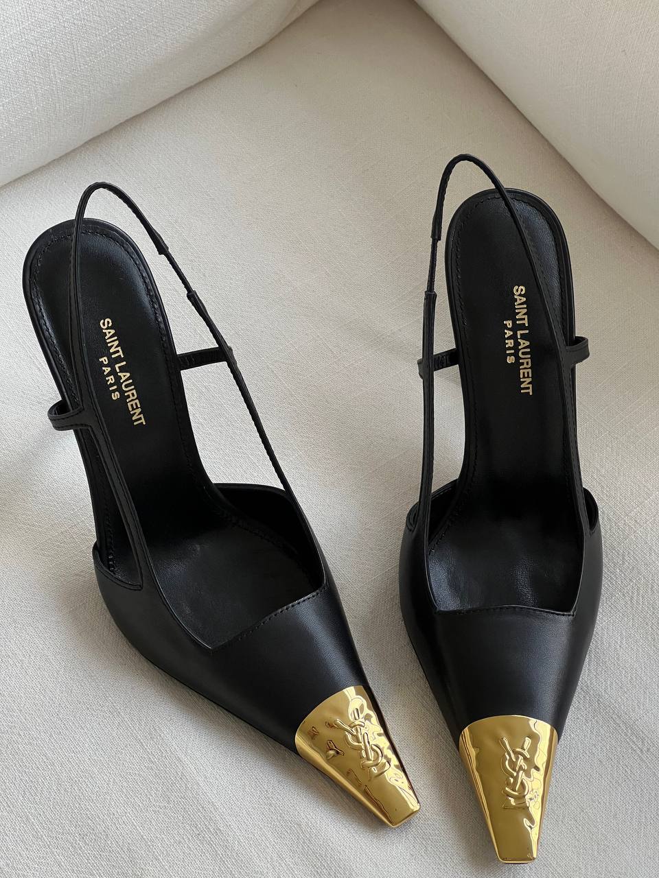 Yves Saint Laurent Black Calfskin Gold-tip Pointed-Toe Slingback Stiletto Heels