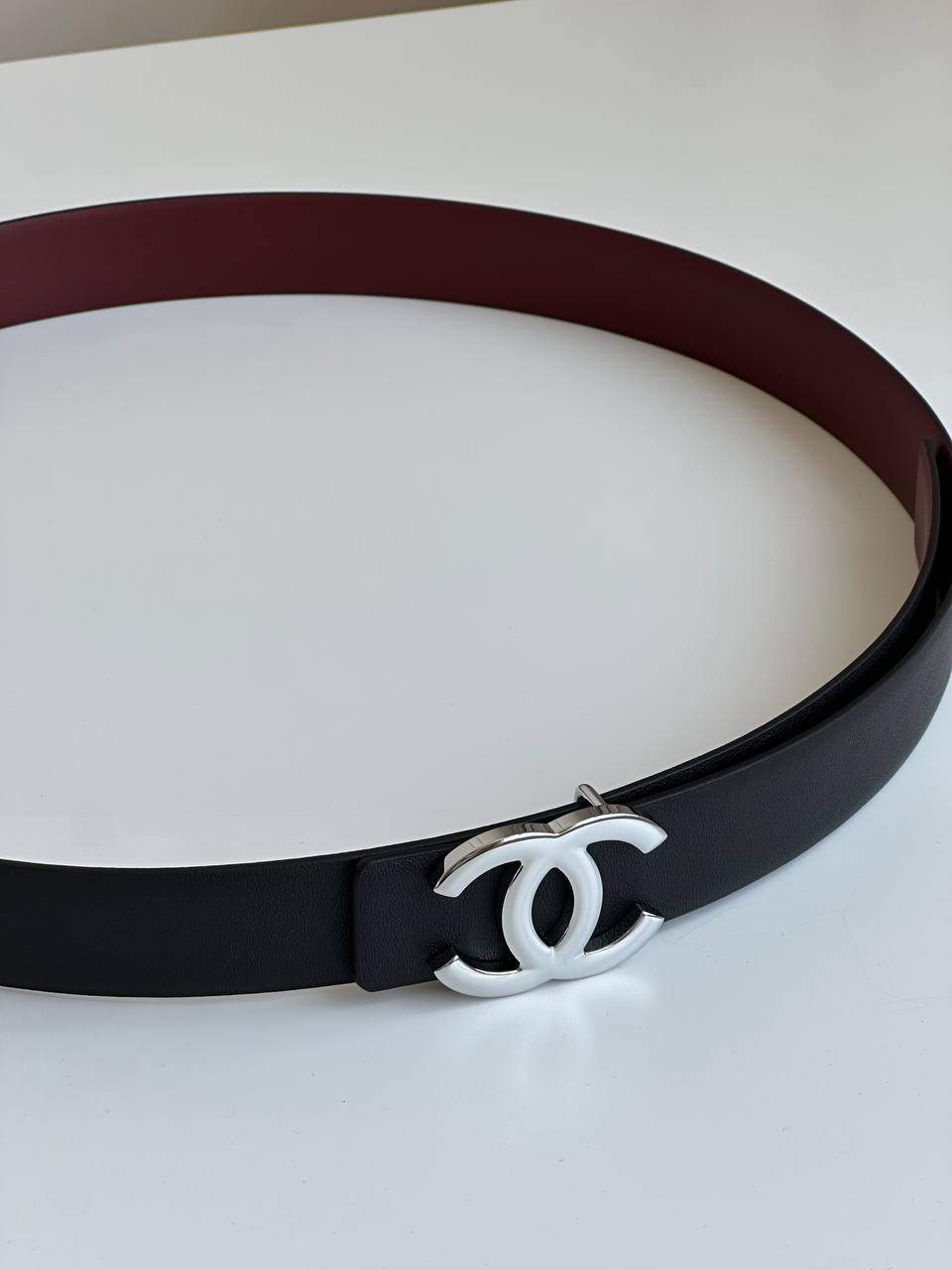 Chanel Reversible Black & Burgundy Smooth Leather Belt With Silver Interlocking CC Buckle