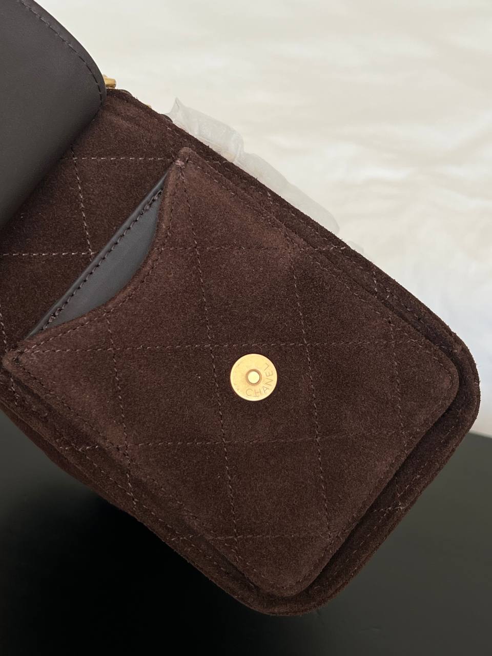 Chanel Dark Brown Suede Quilted CC Lock Drawstring Chain Hobo Underarm Bag