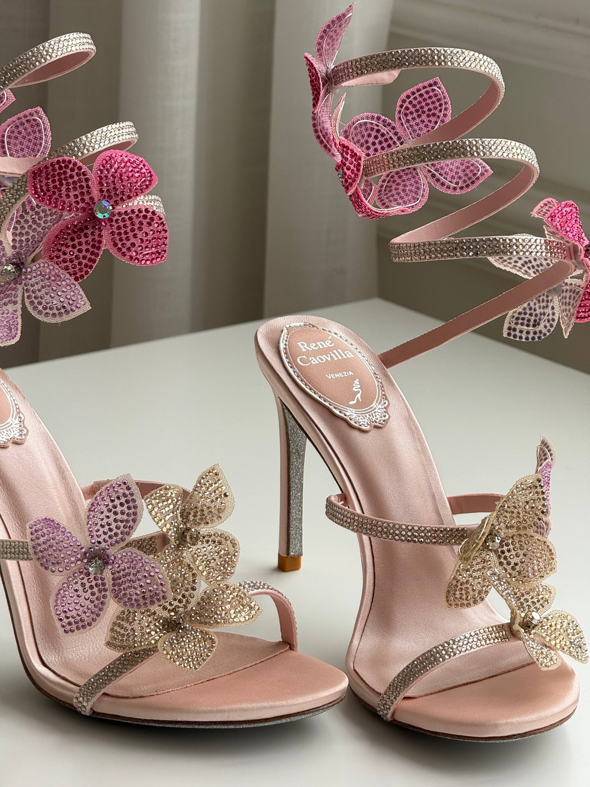 Rene Caovilla Gradient Crystal Flower Wrap-Around Ankle Strap High Heel Sandals