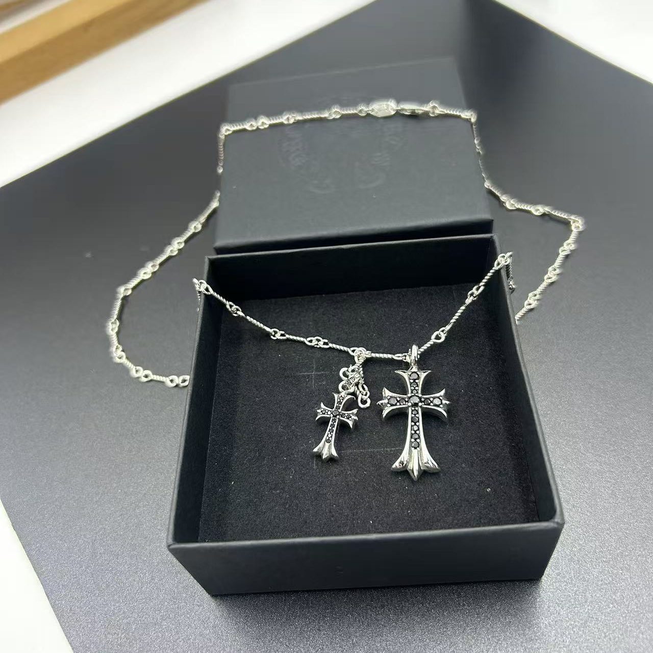 CHROME HEARTS BLACK DIAMOND DOUBLE CROSS LAYERED NECKLACE