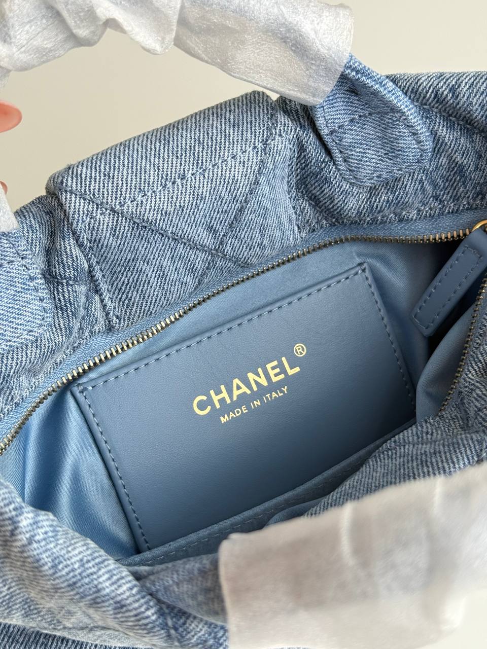 Chanel 25K Quilted Denim Bow Chain Handbag