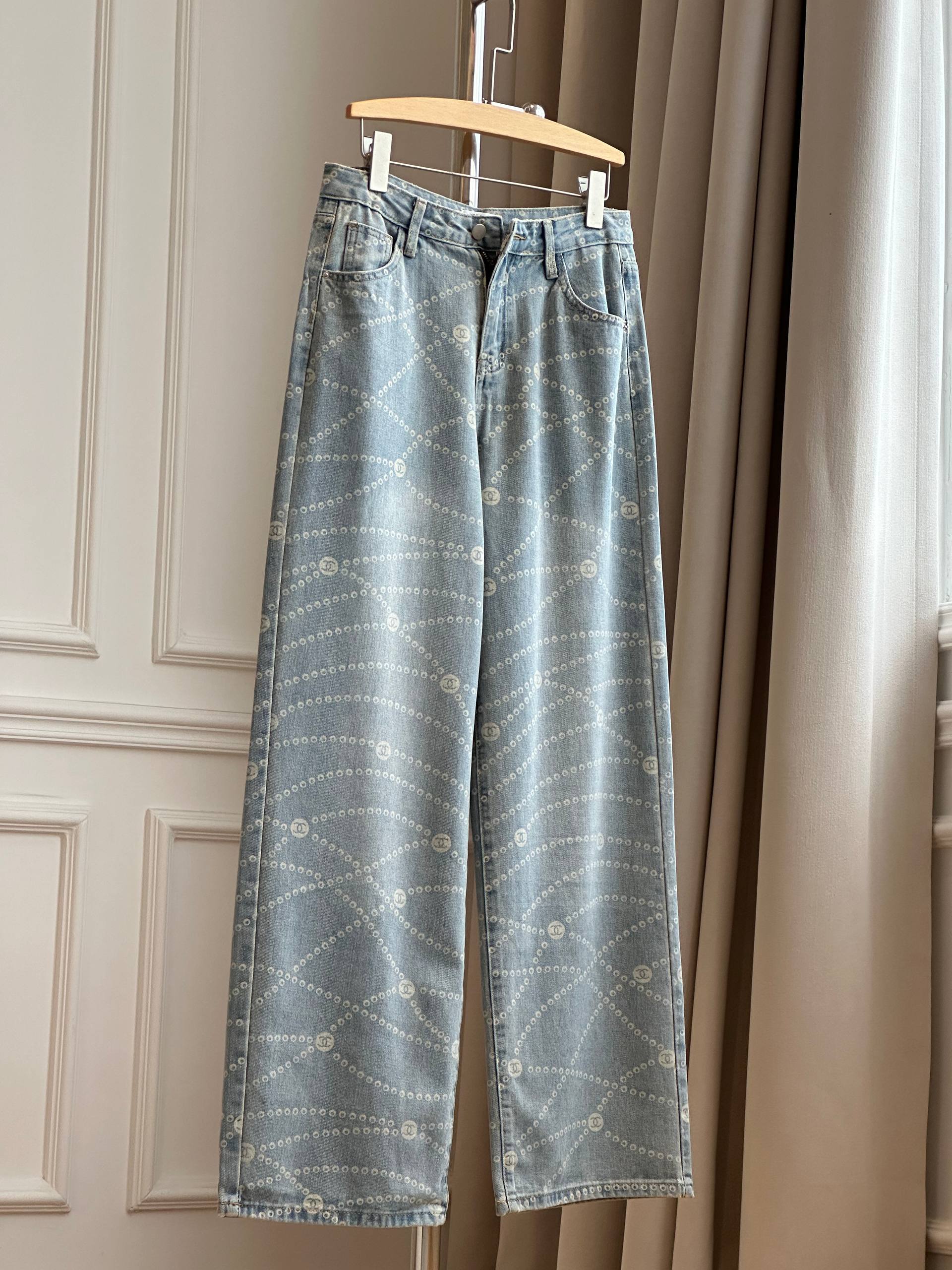 Chanel Pearl Chain CC Logo Printed Wide-Leg Jeans