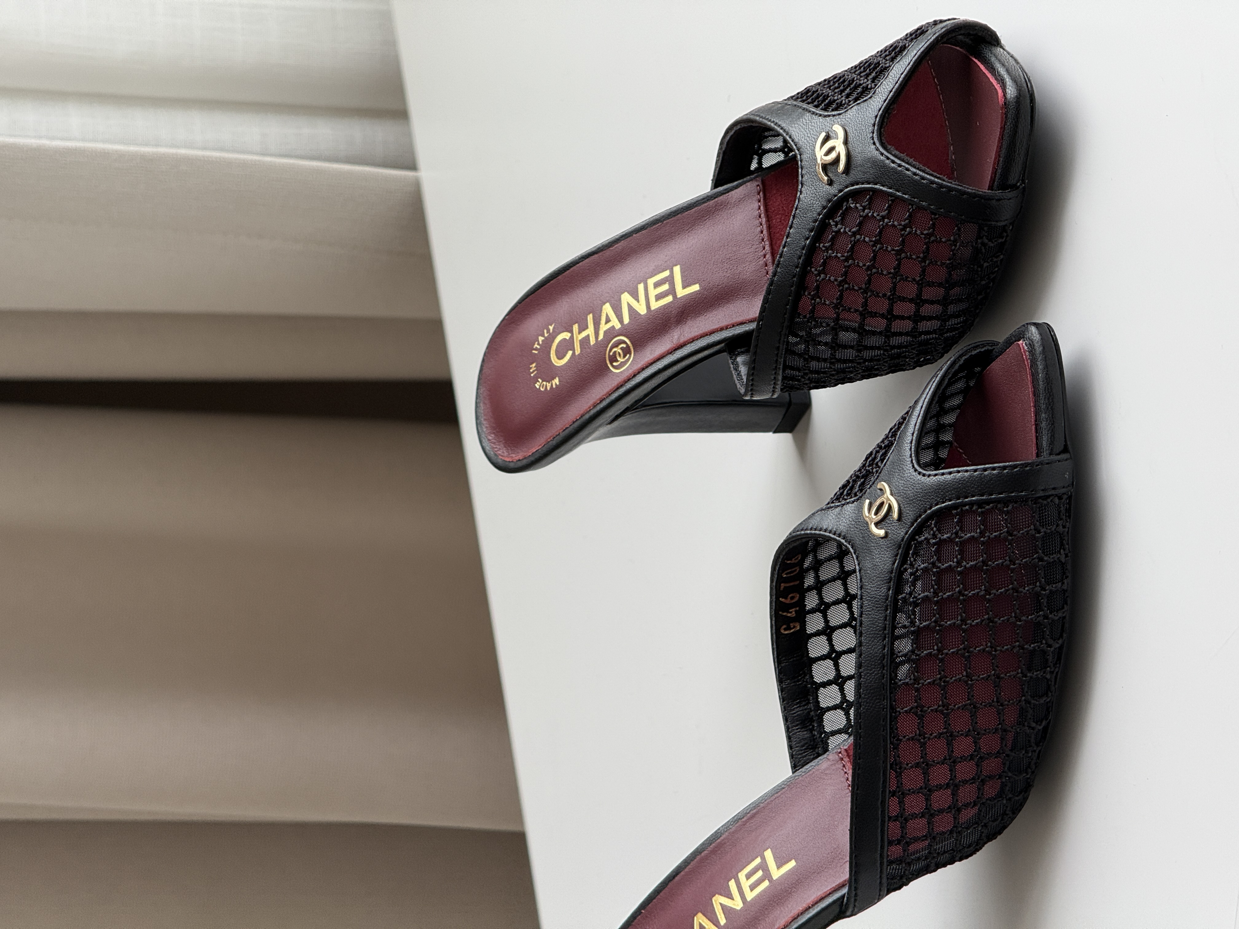CHANEL Mesh Peep-Toe Block-Heel Mules