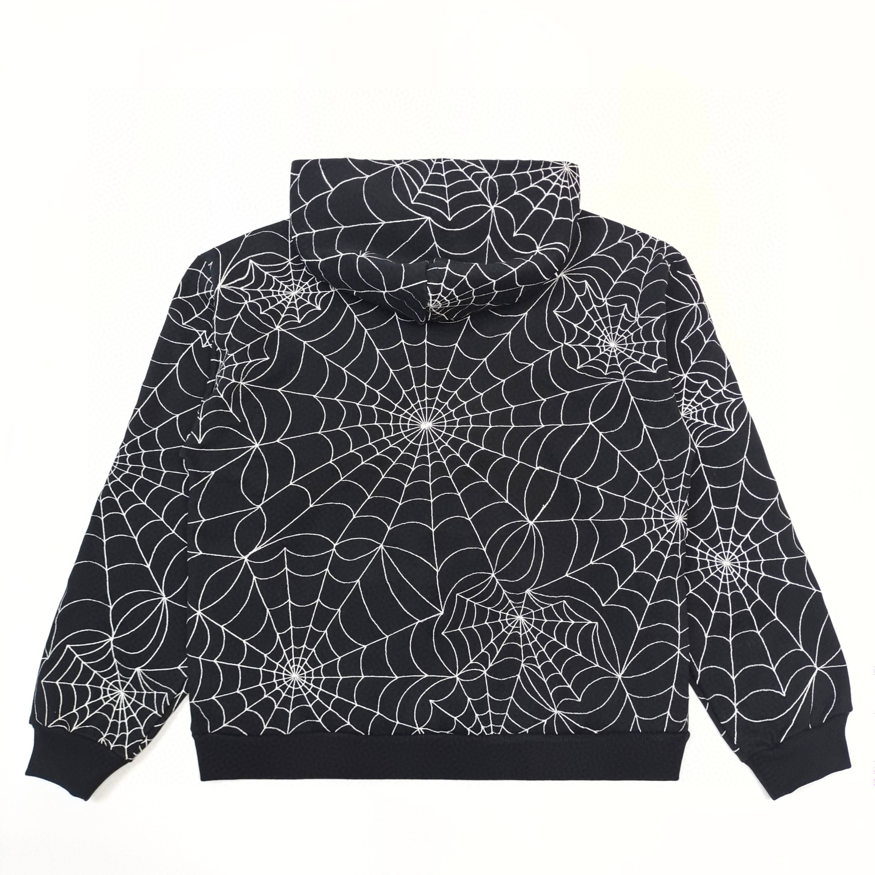 1:1 Best Quality Sp5der Full embroidery Spider webs Hoodie Black