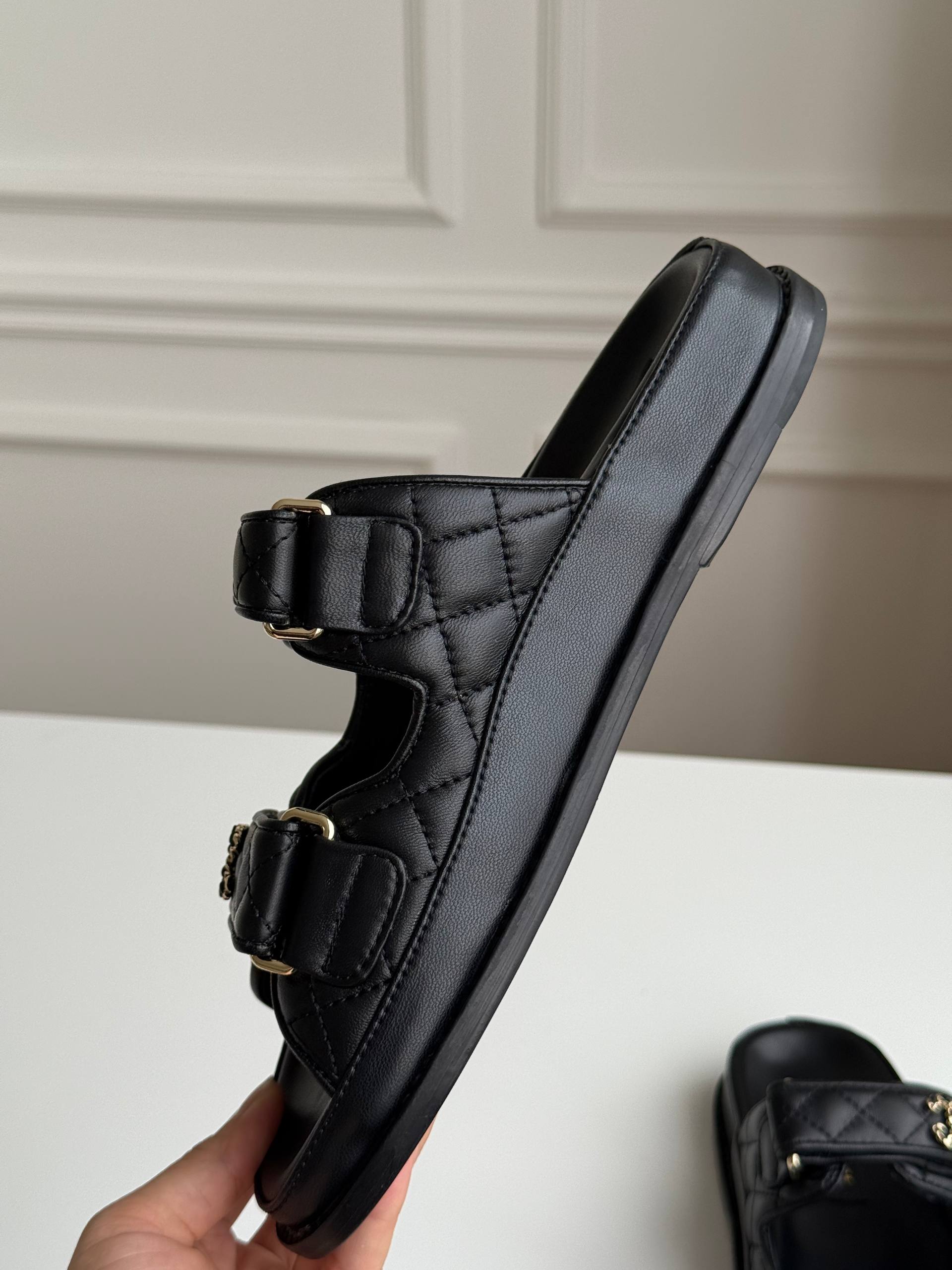 Chanel Double C Buckle Quilted Magic Strap Flat Slide Sandals