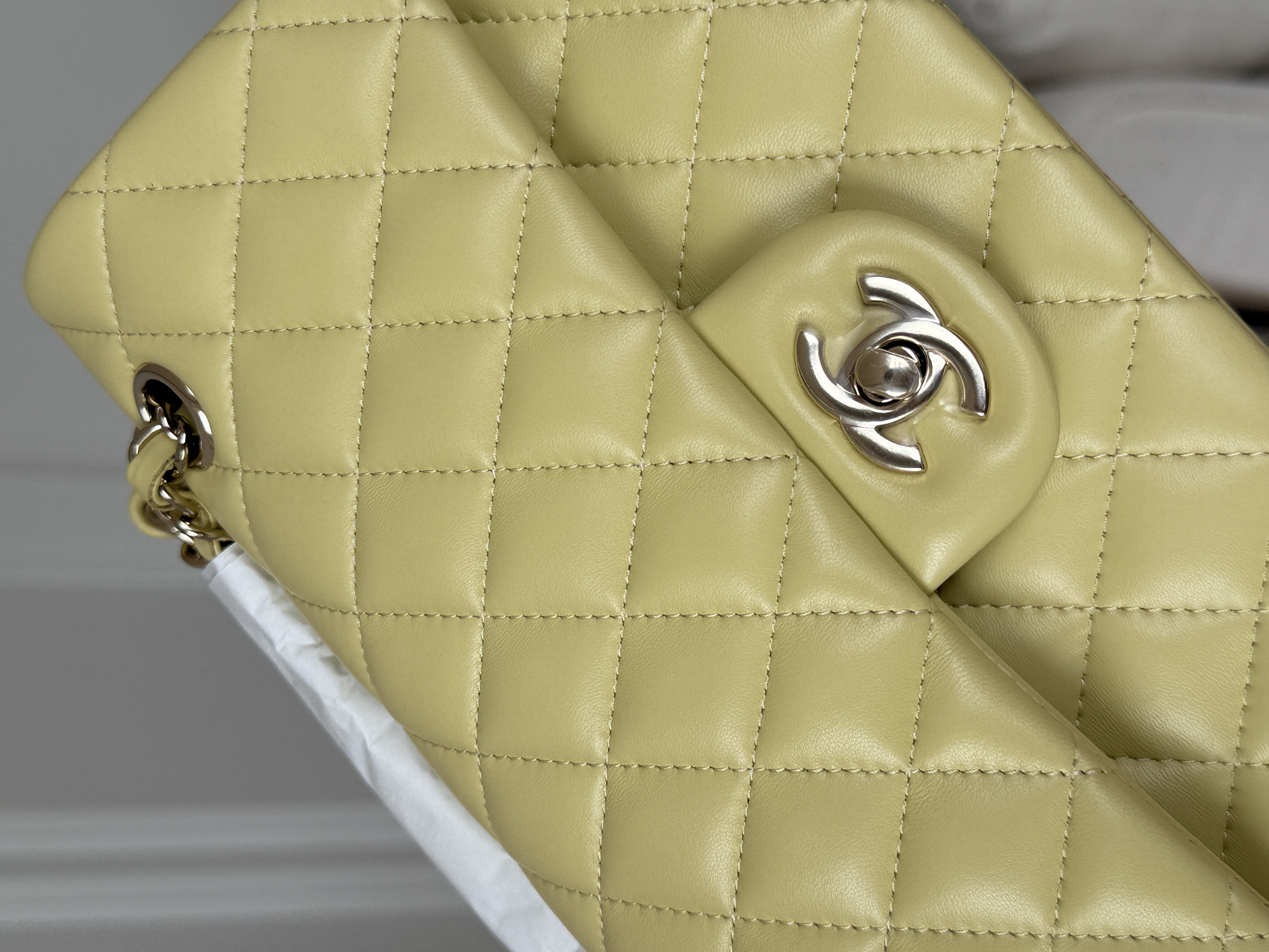 CHANEL Classic Flap Medium, Lambskin Classic Flap Bag in Pale Yellow
