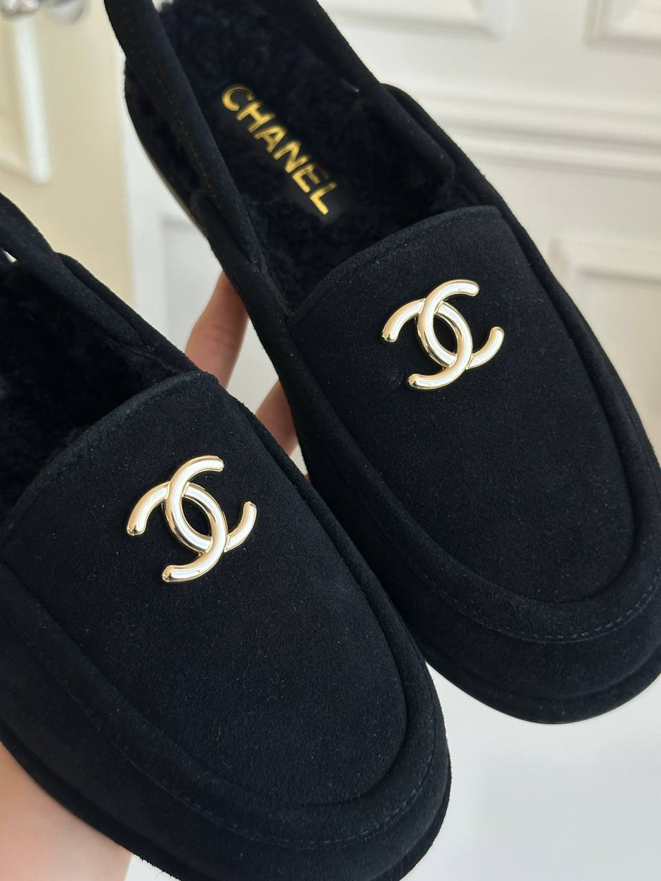 Chanel Shearling-Lined Suede Loafers with Convertible Heel