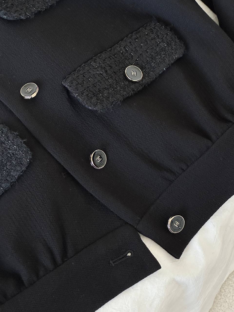 Chanel Black Tweed Spliced Stand Collar Cropped Bomber Jacket