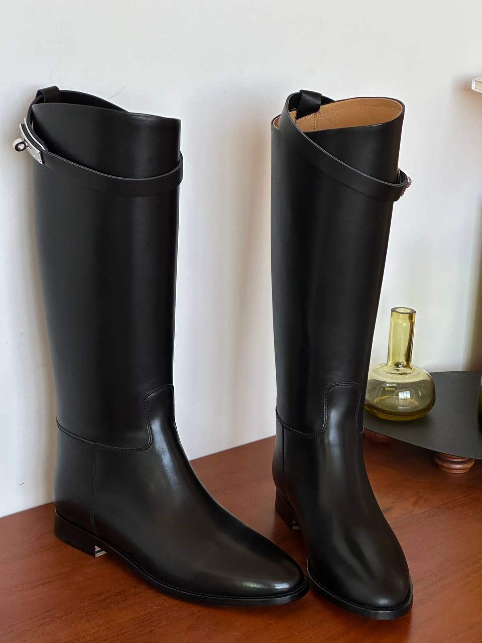 Hermès Kelly Buckle Black Polished Leather Straight Tall Riding Boots