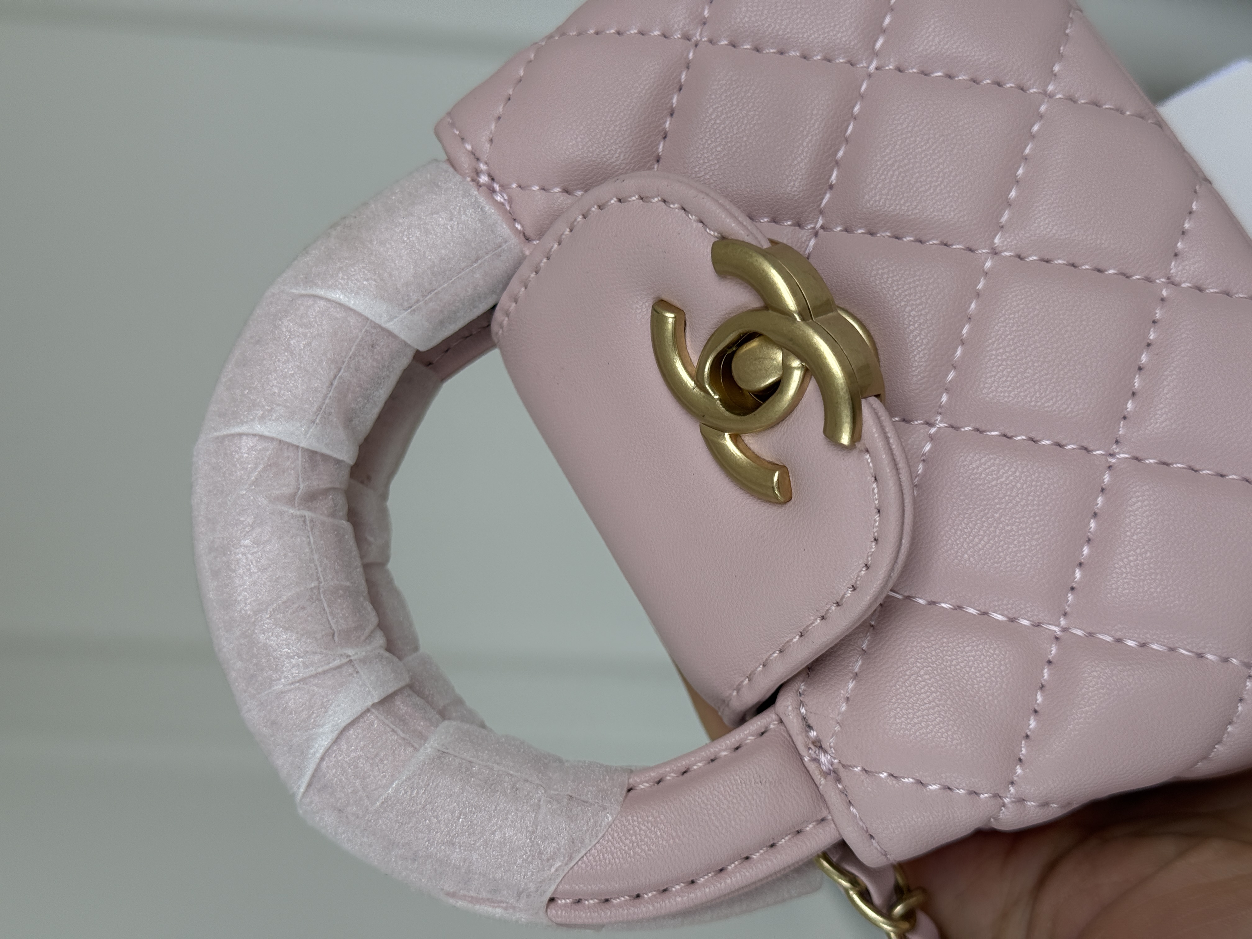 Chanel Cherry Blossom Pink Smooth Lambskin Mini Top Handle Quilted Crossbody Bag With Gold CC Turnlock