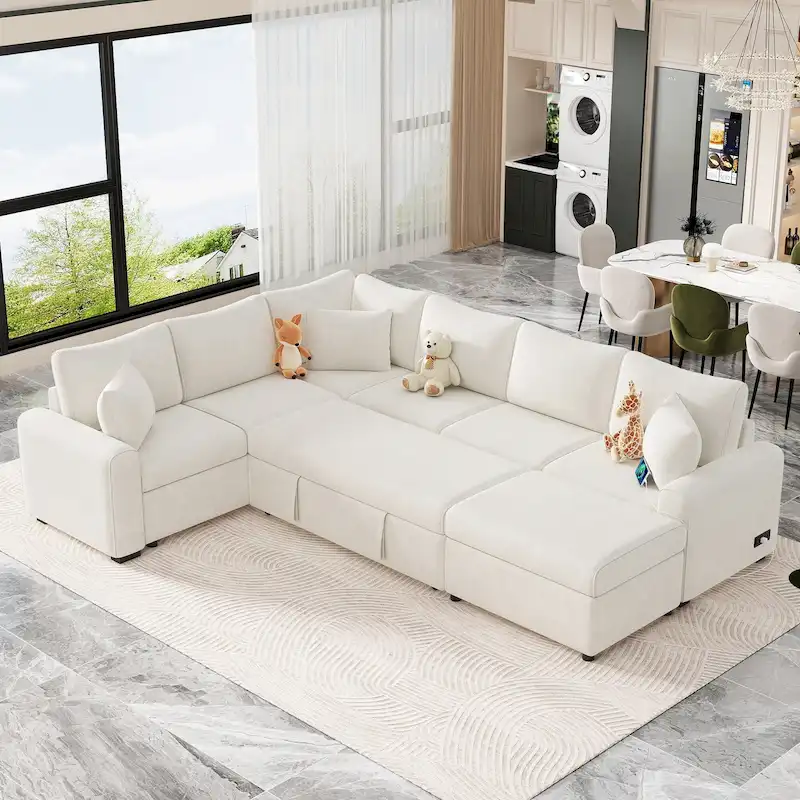 Canapé d'angle en chenille convertible, canapé-lit en forme de L avec pouf de rangement, 3 oreillers et dispositifs de charge