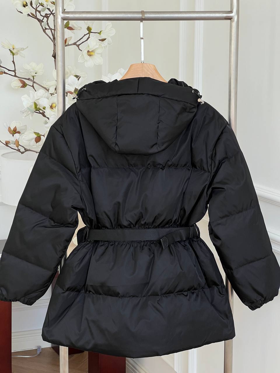 Prada Black Nylon Hooded Waist-cinched Down Coat With Matching Belt Bag