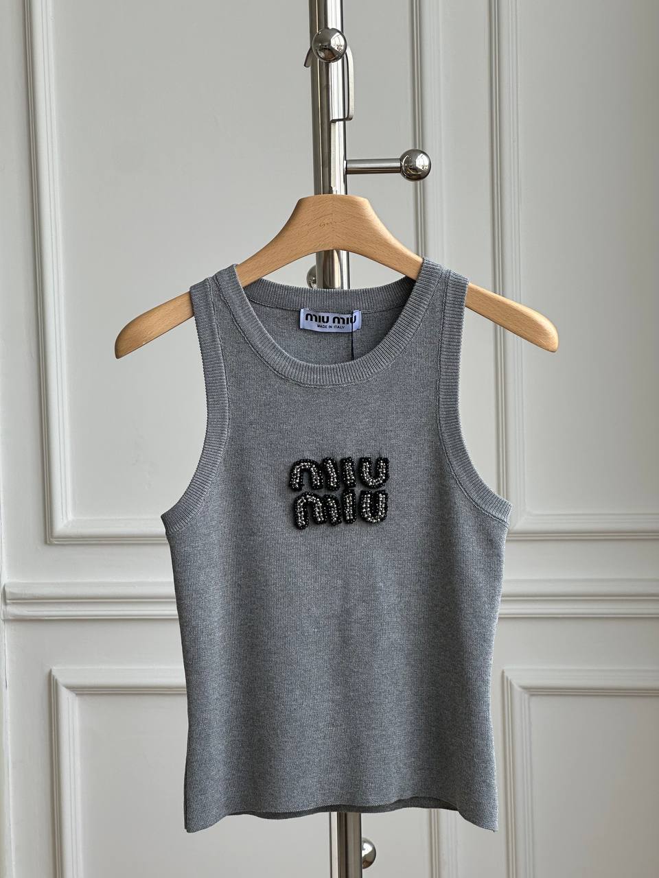 Miu Miu Heather Grey Ribbed Knit Crew Neck Rhinestone Logo Sleeveless Tank Top
