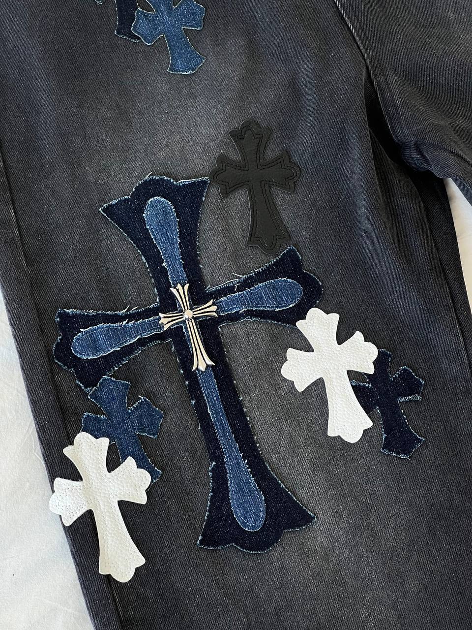 Chrome Hearts Black Washed Denim Jeans with Cross Patch Details