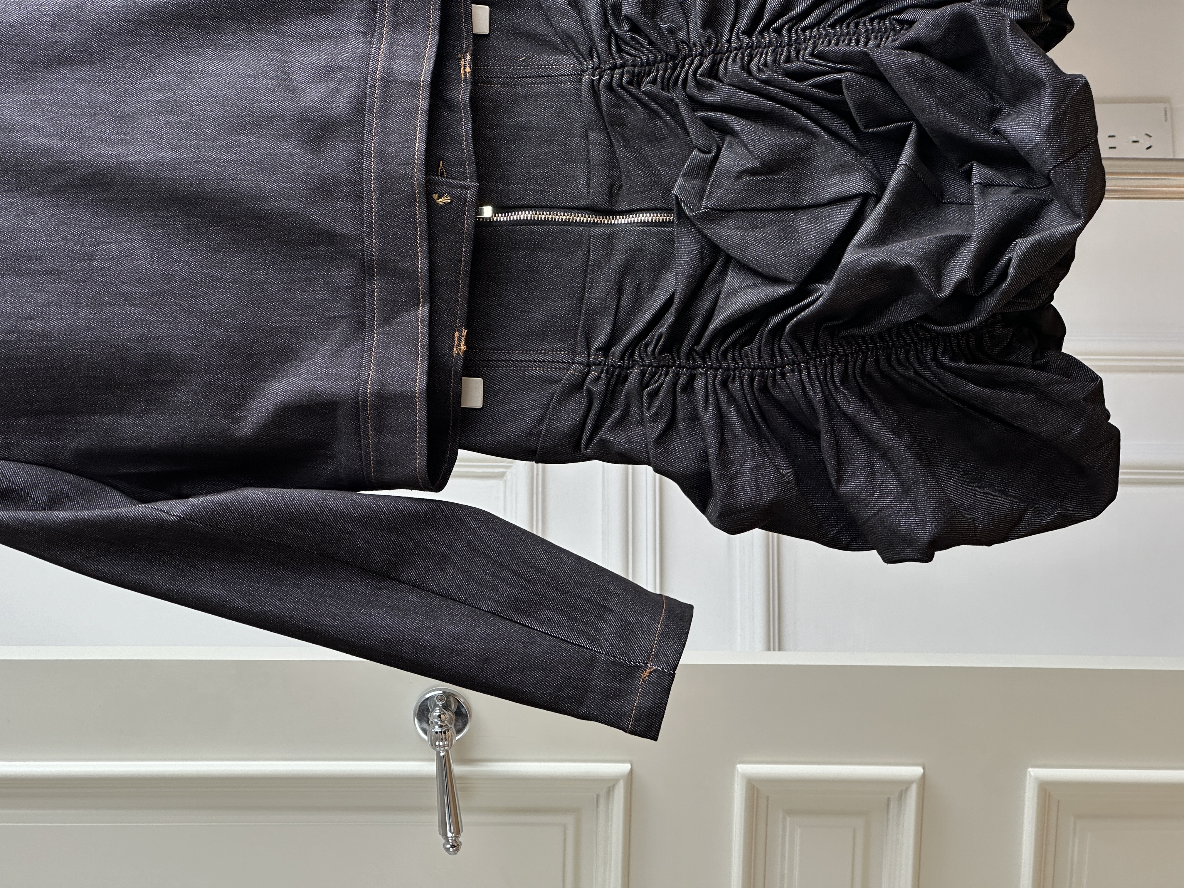 Chanel Style Round Neck Gold Button Cropped Denim Jacket & Ruched Bud Mini Skirt Two Piece Set