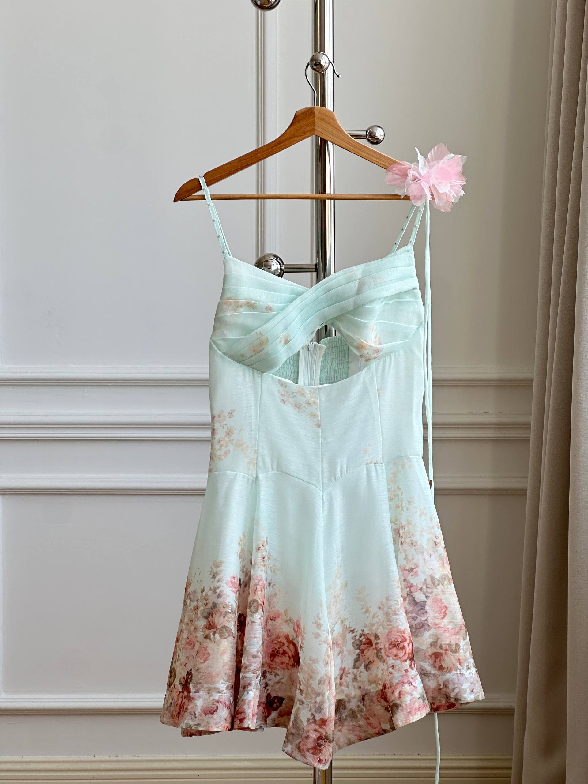 Zimmermann Mint Green Rose Print Ruched Bustier Mini Dress