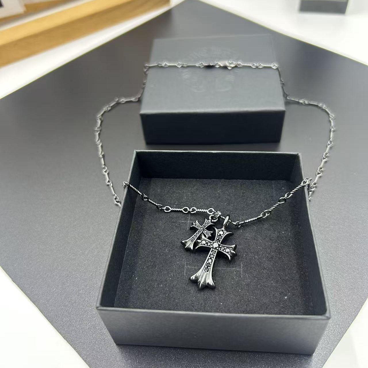 CHROME HEARTS BLACK DIAMOND DOUBLE CROSS LAYERED NECKLACE
