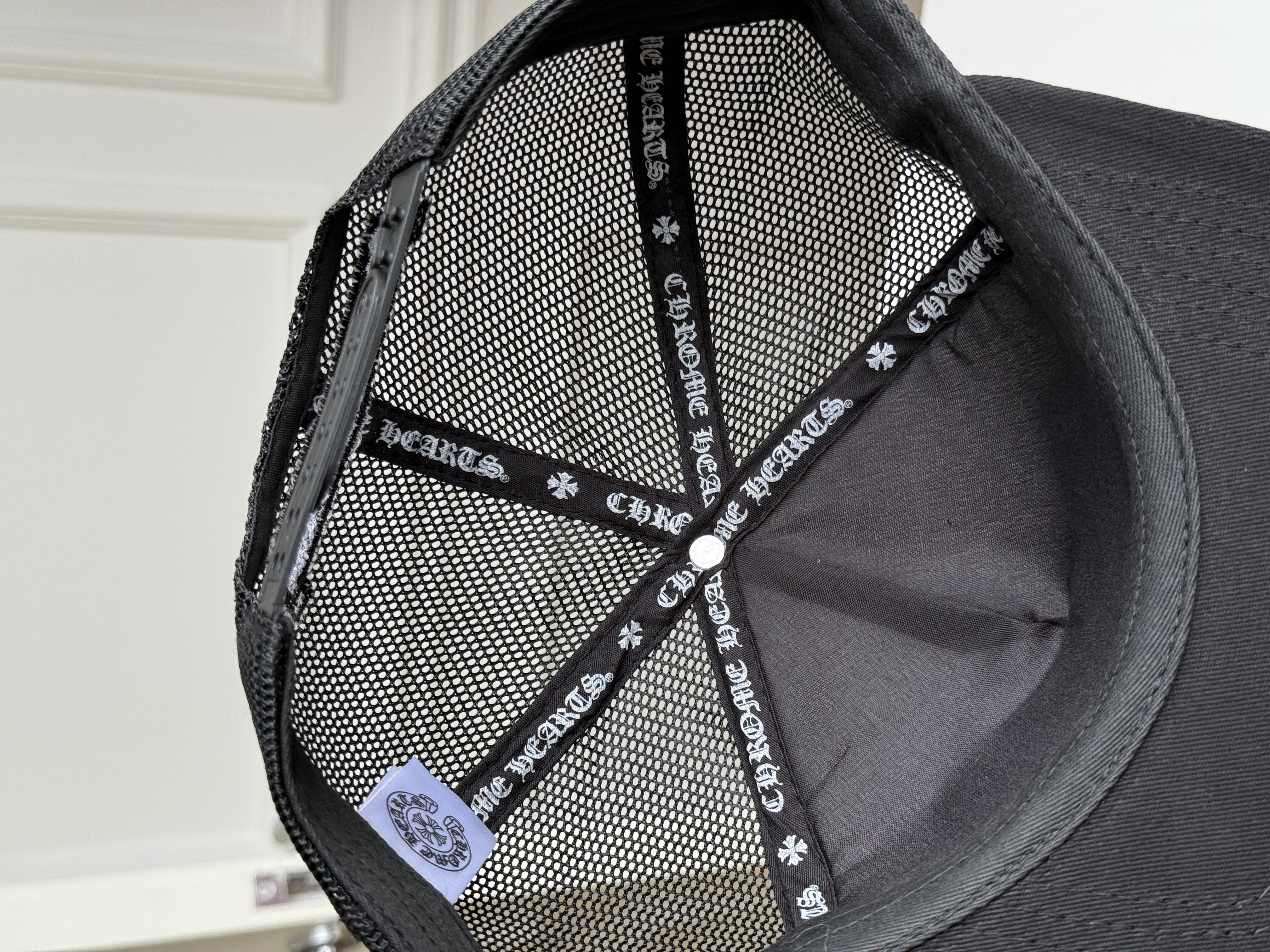 Chrome Hearts Black & Pink Contrast Cross Embroidered Flat Brim Mesh Trucker Cap
