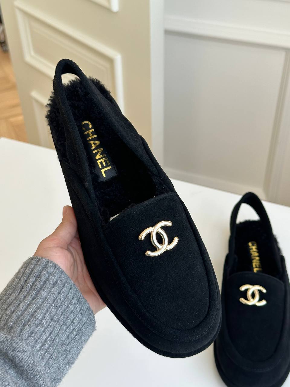 Chanel Shearling-Lined Suede Loafers with Convertible Heel