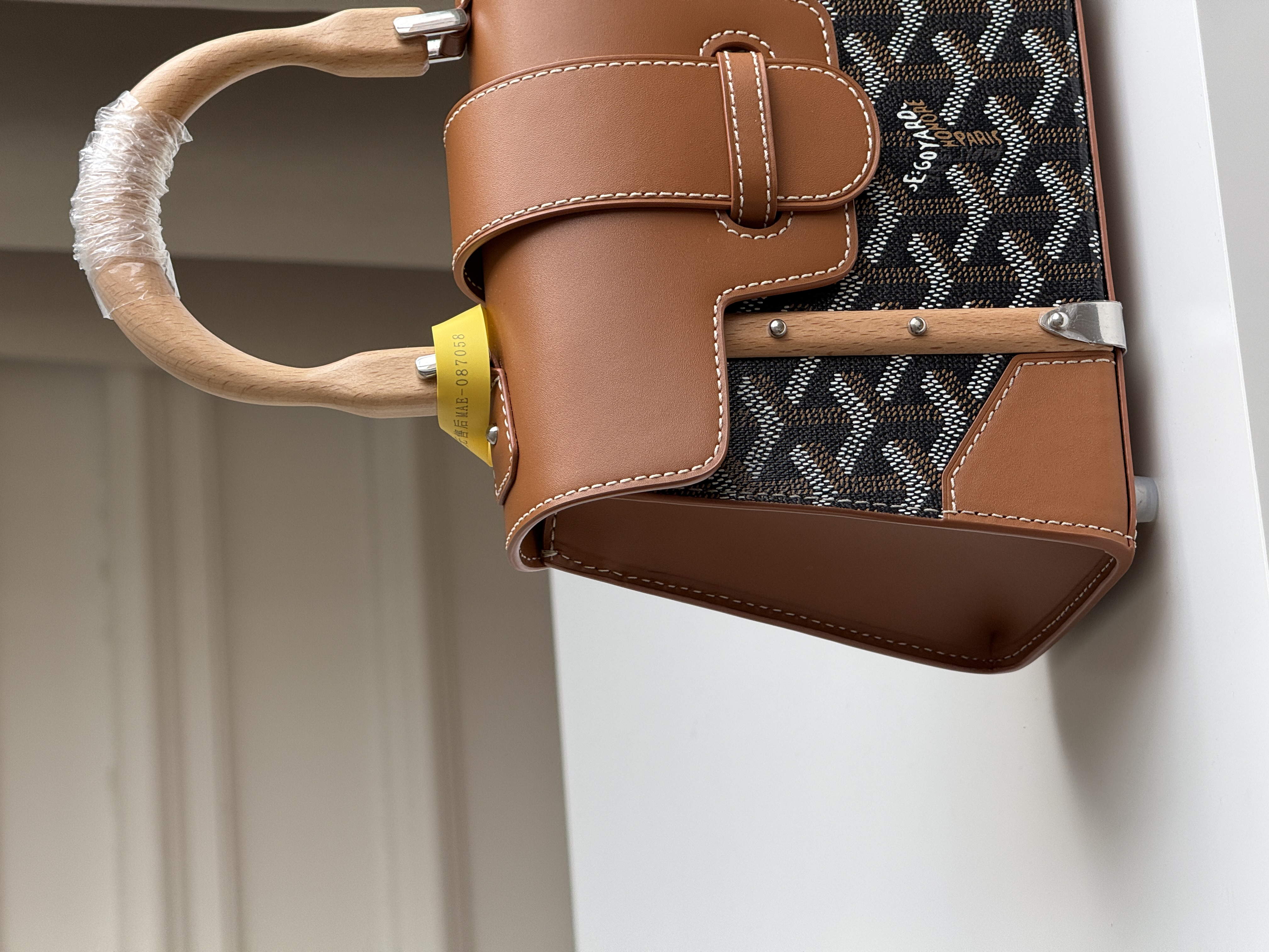 Goyard Mini Saigon Souple Black Goyardine Canvas Beech Wood Handle Handbag