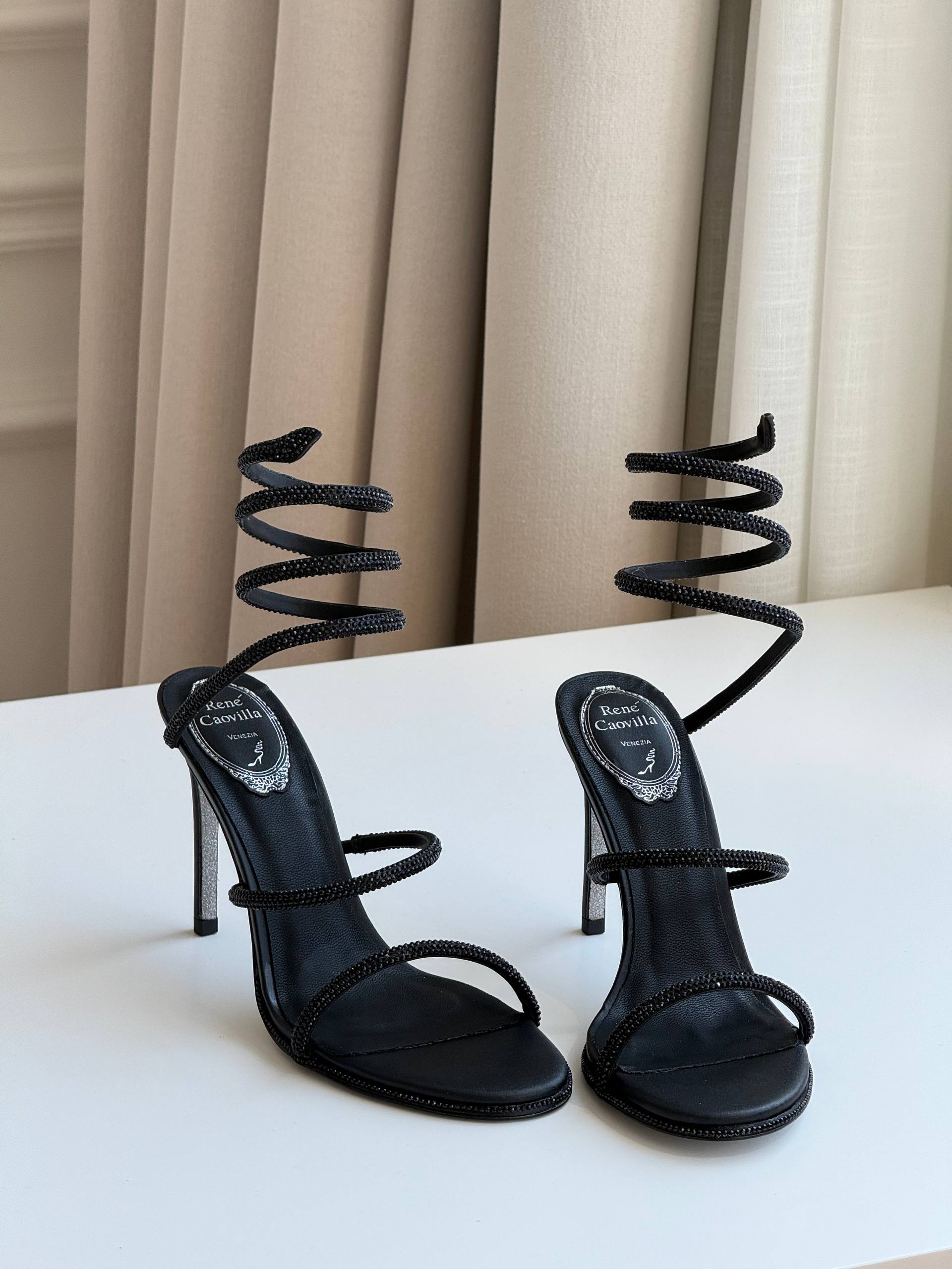René Caovilla Cleo Black Crystal-Embellished Satin Sandals