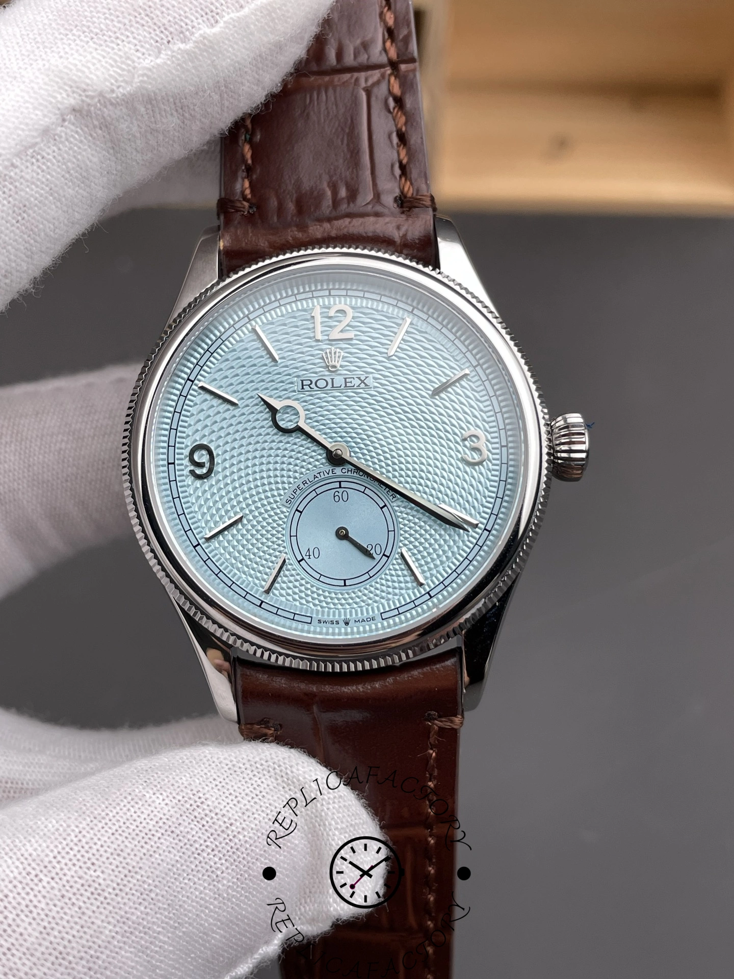 Rolex 1908 52506 0002 Ice Blue Dial Brown Leather Strap 39 mm Replica Watch