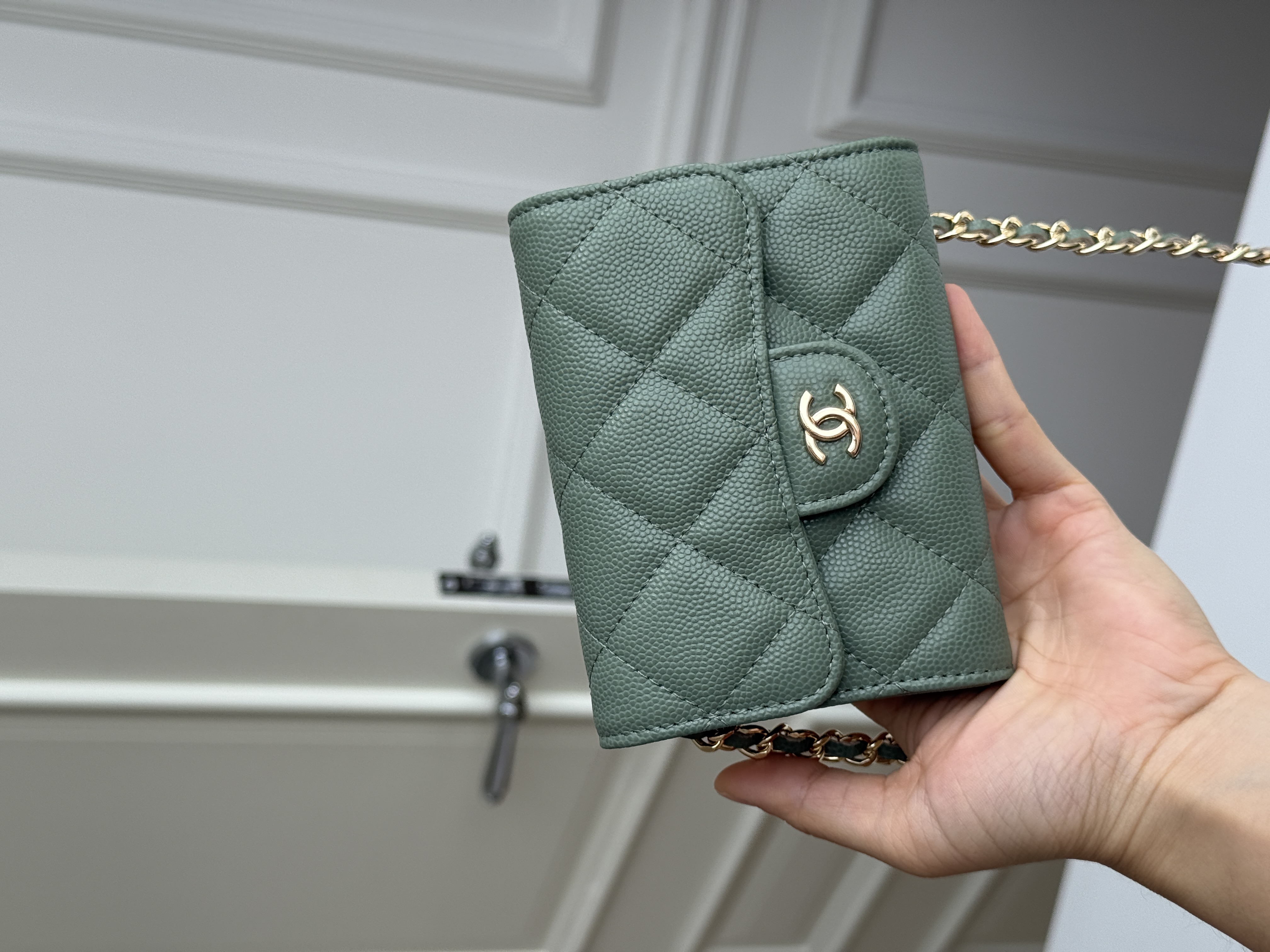 Chanel Sage Green Caviar Leather Mini Classic Flap Gold CC Chain Bag