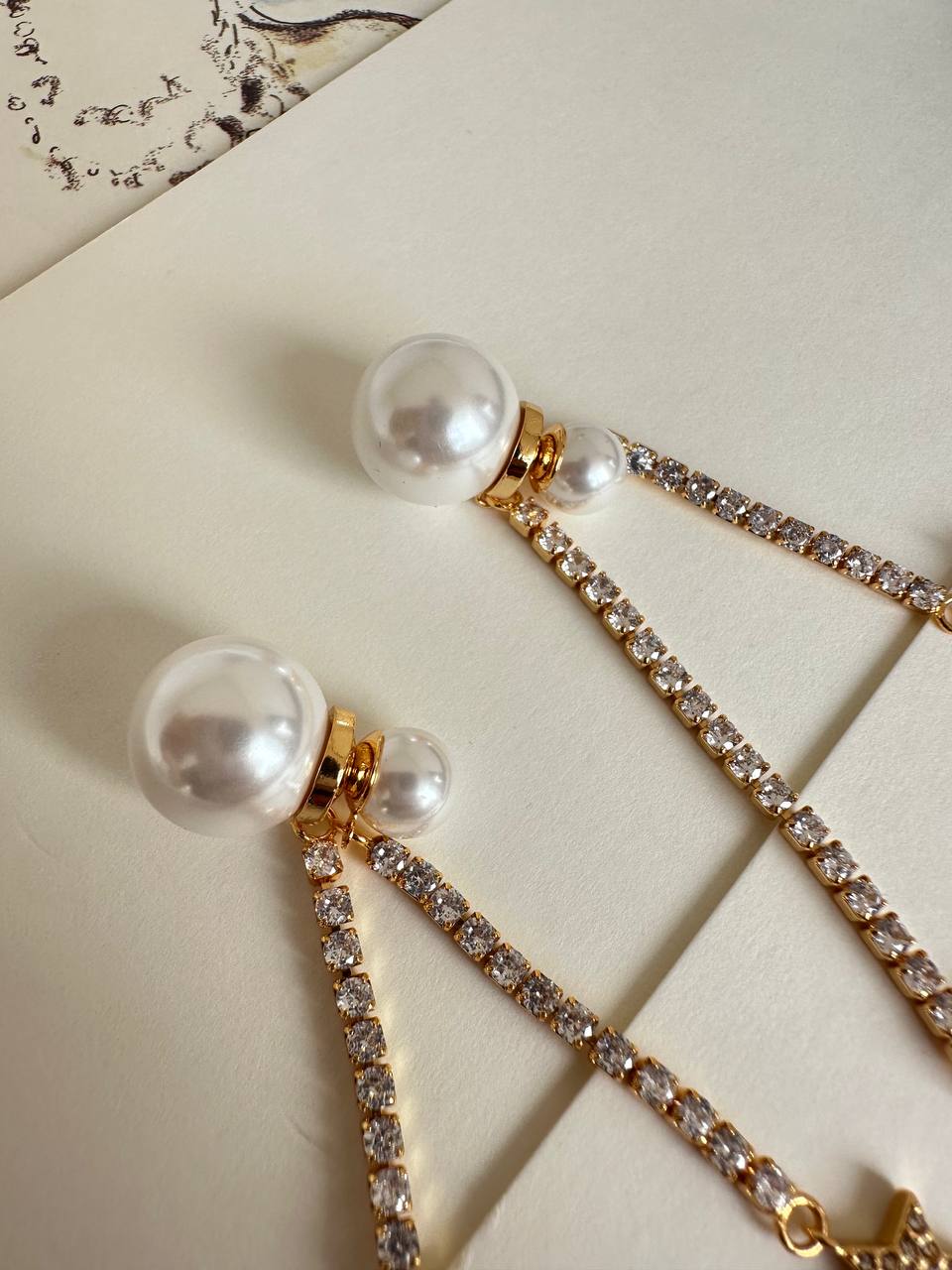 Dior Pearl Double Rhinestone Chain Star CD Charm Long Drop Earrings