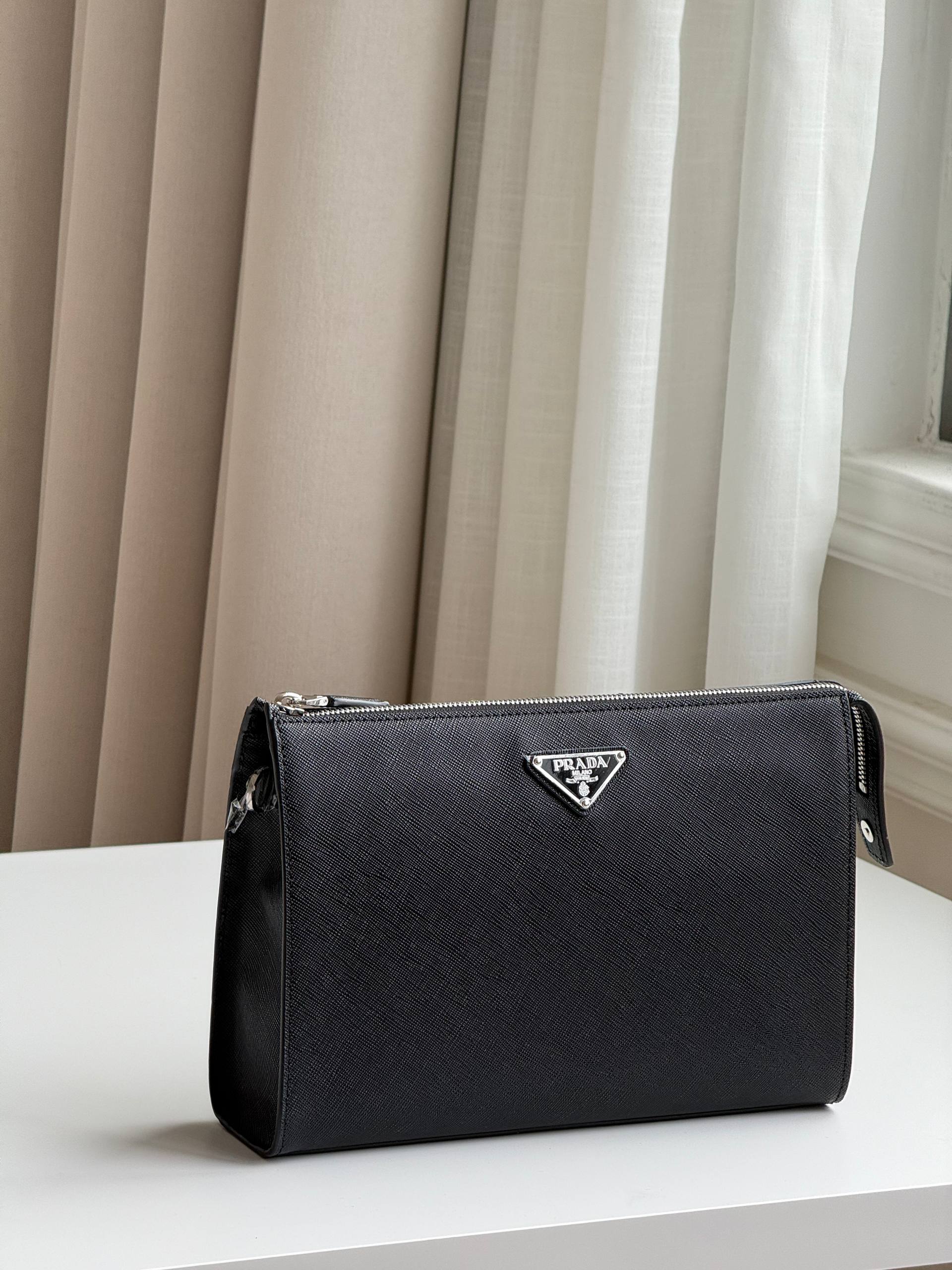 Prada Saffiano Leather Triangle Logo Zip Clutch Pouch
