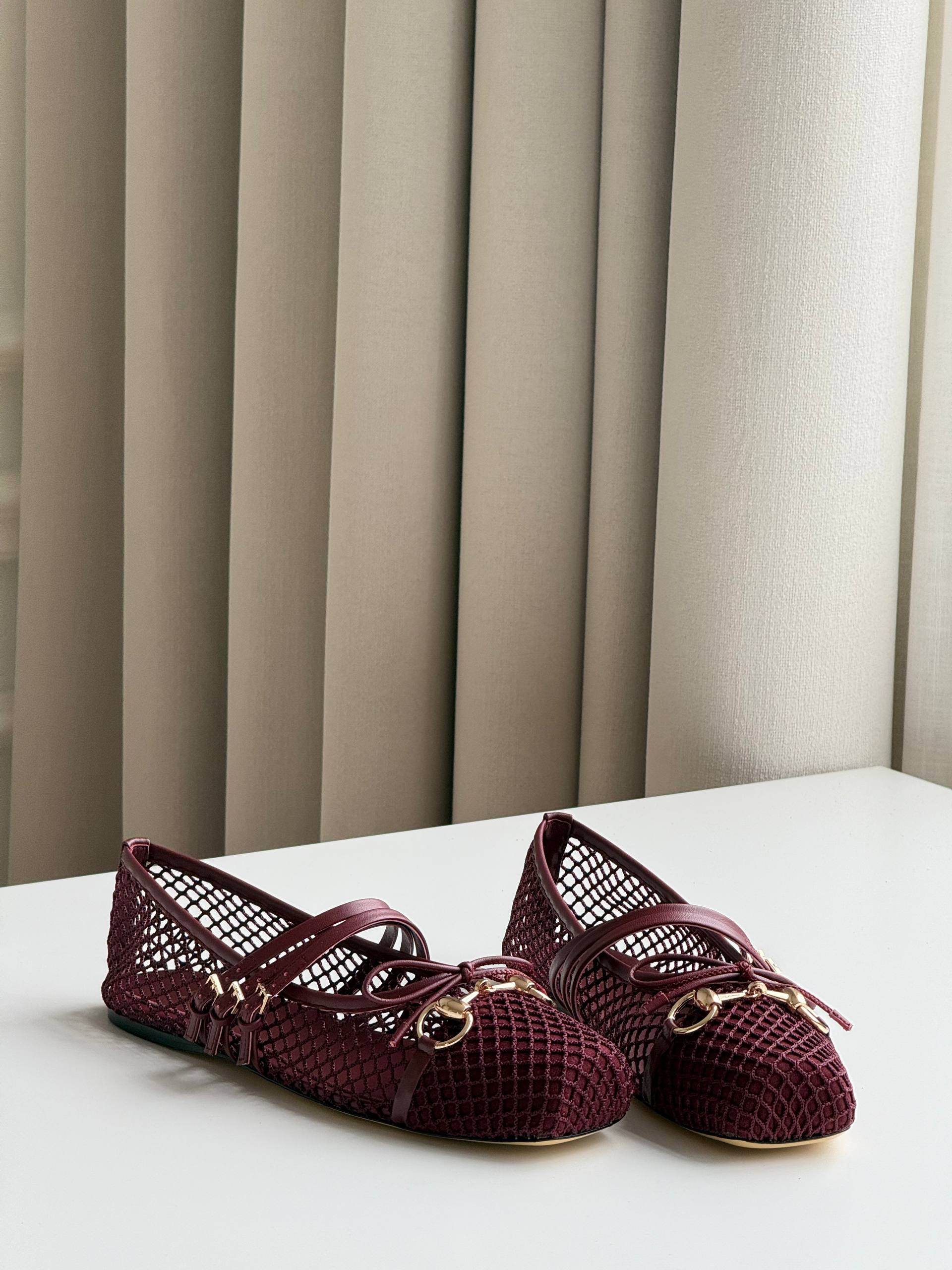 Gucci Horsebit Burgundy Mesh Spliced Ballet Flats
