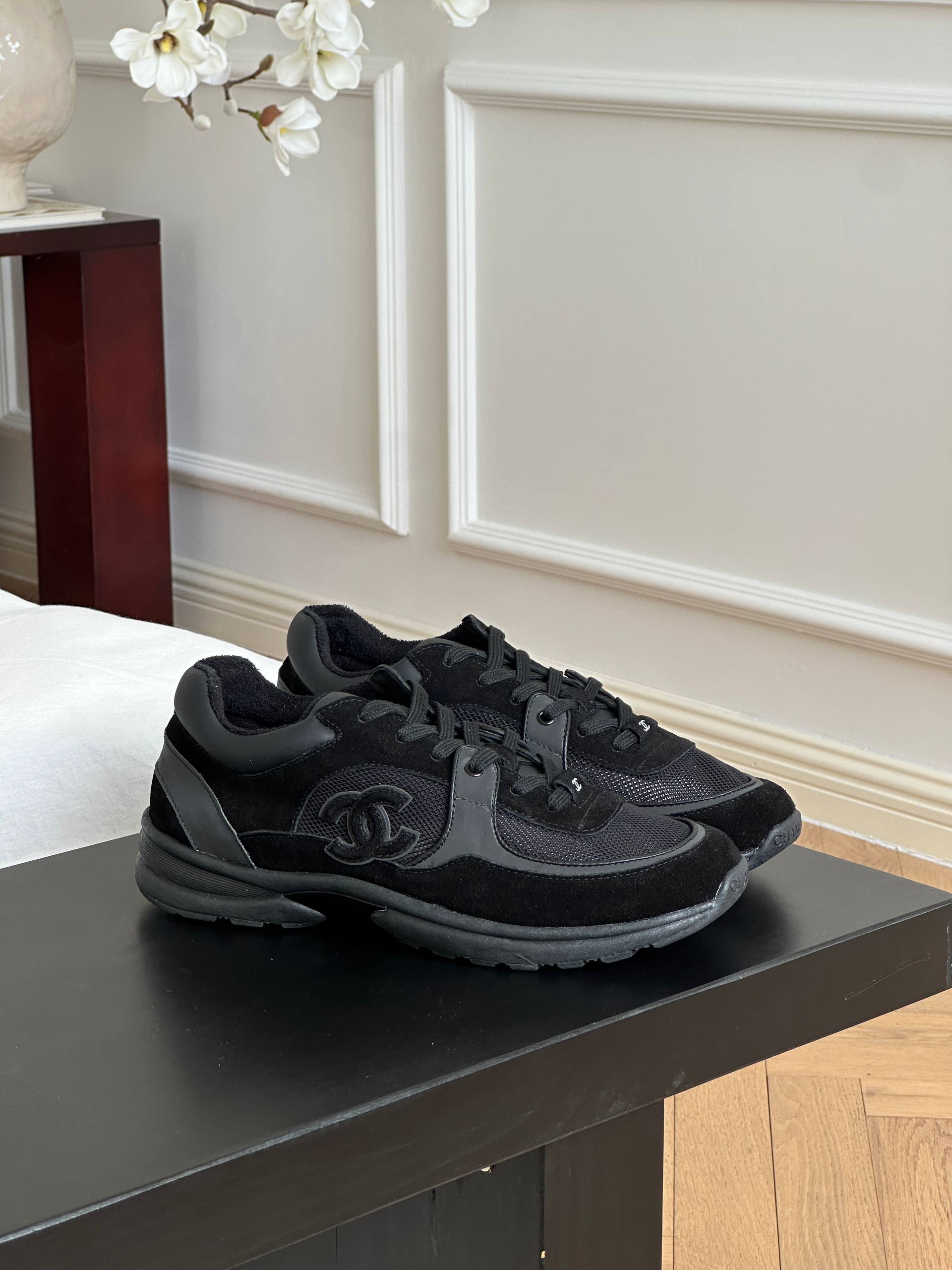 Chanel All-black Suede Mesh Panel CC Logo Low Top Sneakers