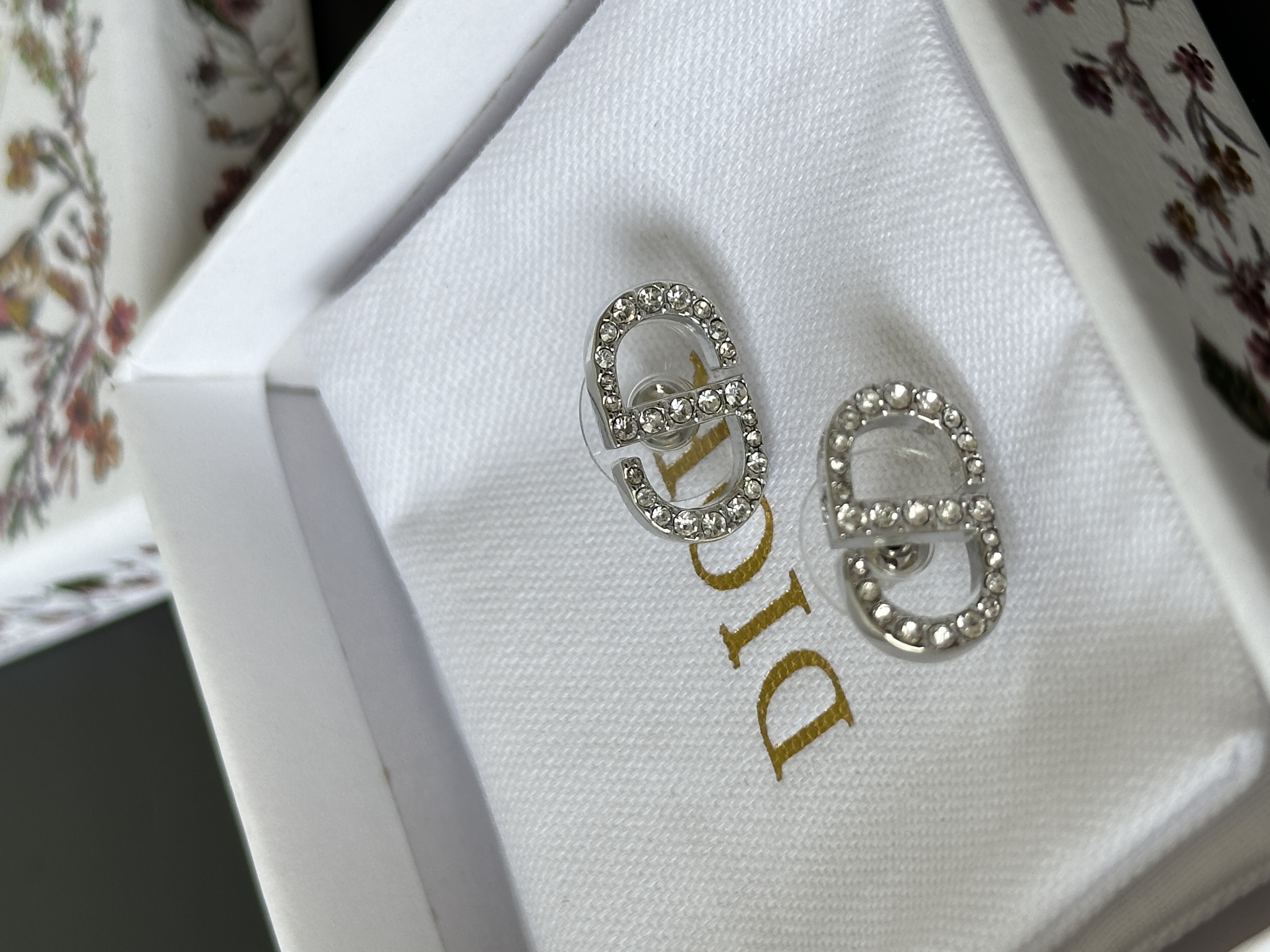 Dior Silver Full Crystal Paved CD Logo Stud Earrings