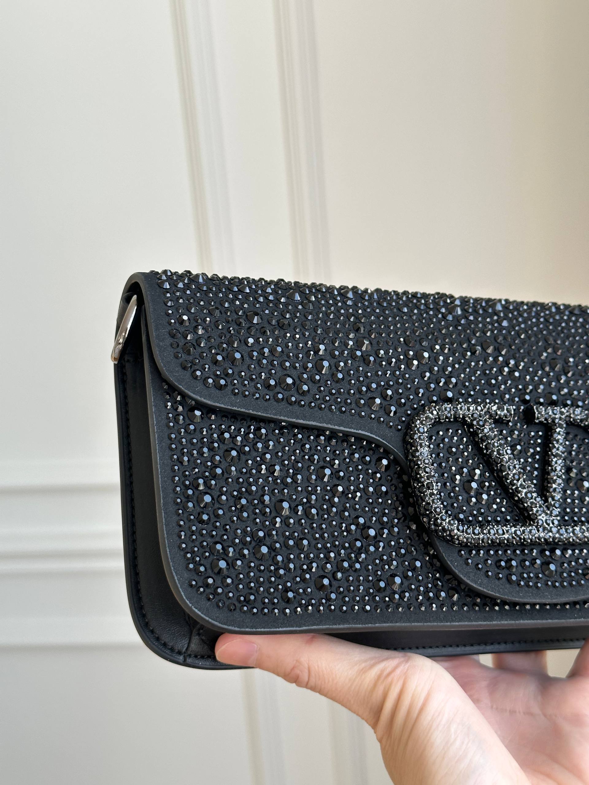Valentino Black Full Crystal VLogo Flap Baguette Shoulder Bag