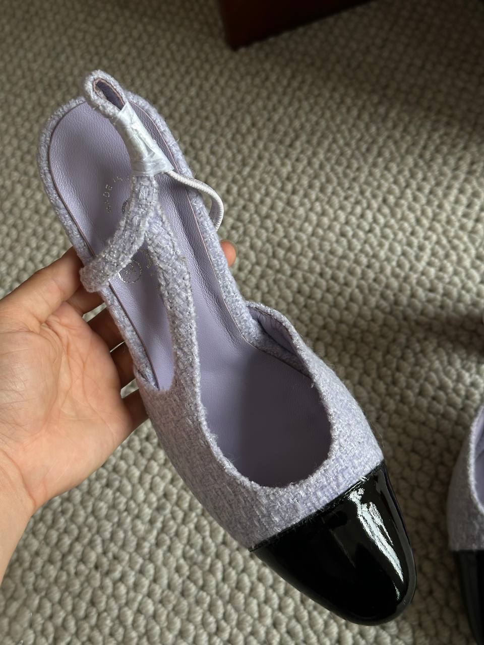 Chanel Light Purple Tweed & Black Patent Leather Pointed Slingback Block Heels