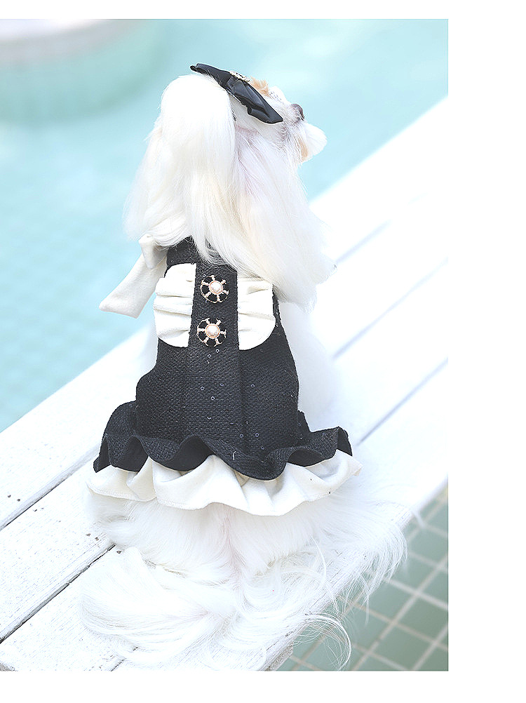 Black Tweed Pearl Embellished Dress Bow Ruffle Hem Formal Outfit for Small Dogs - MAISONKAIRON