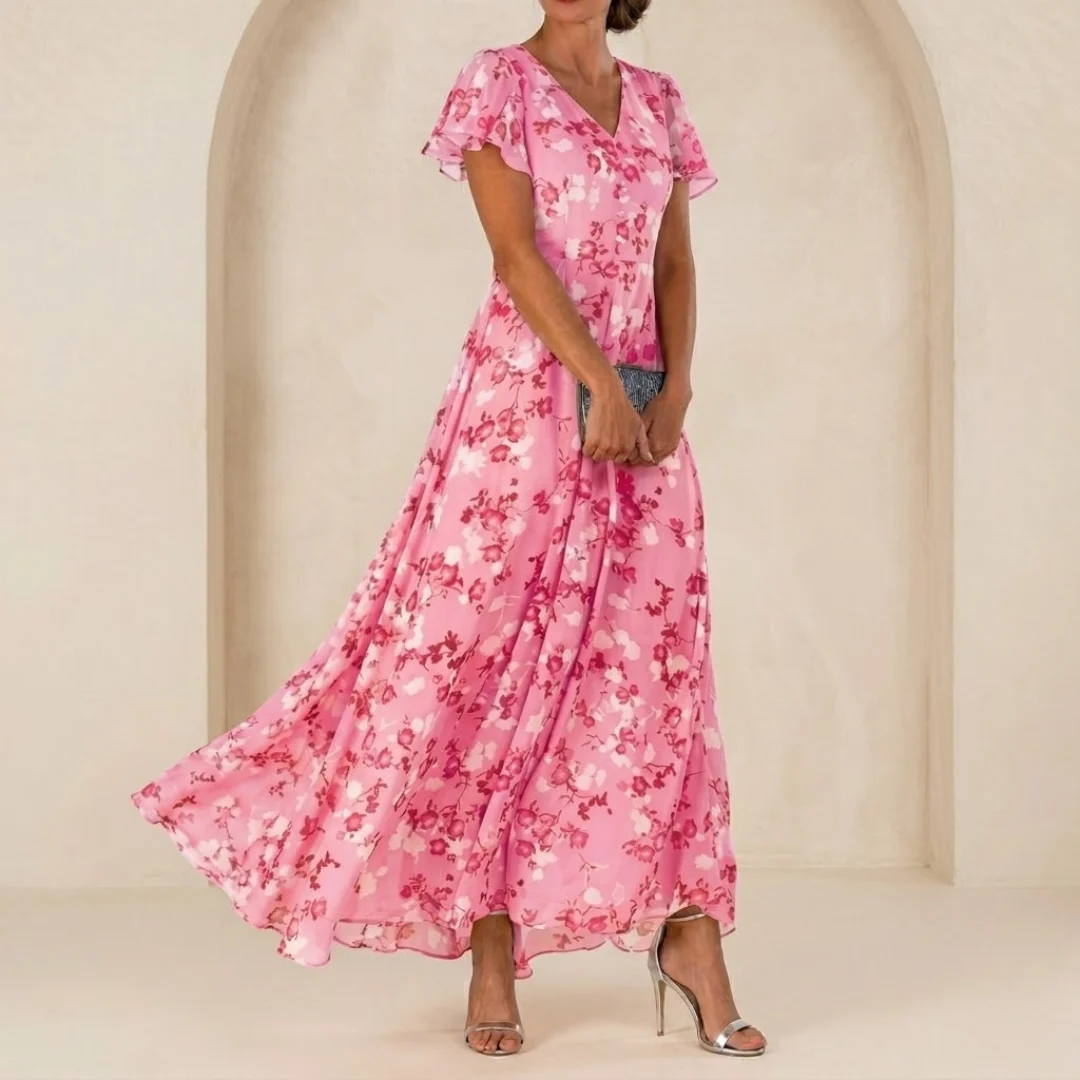 Léonie | Robe Maxi Fluide à Col Portefeuille et Manches Voilées