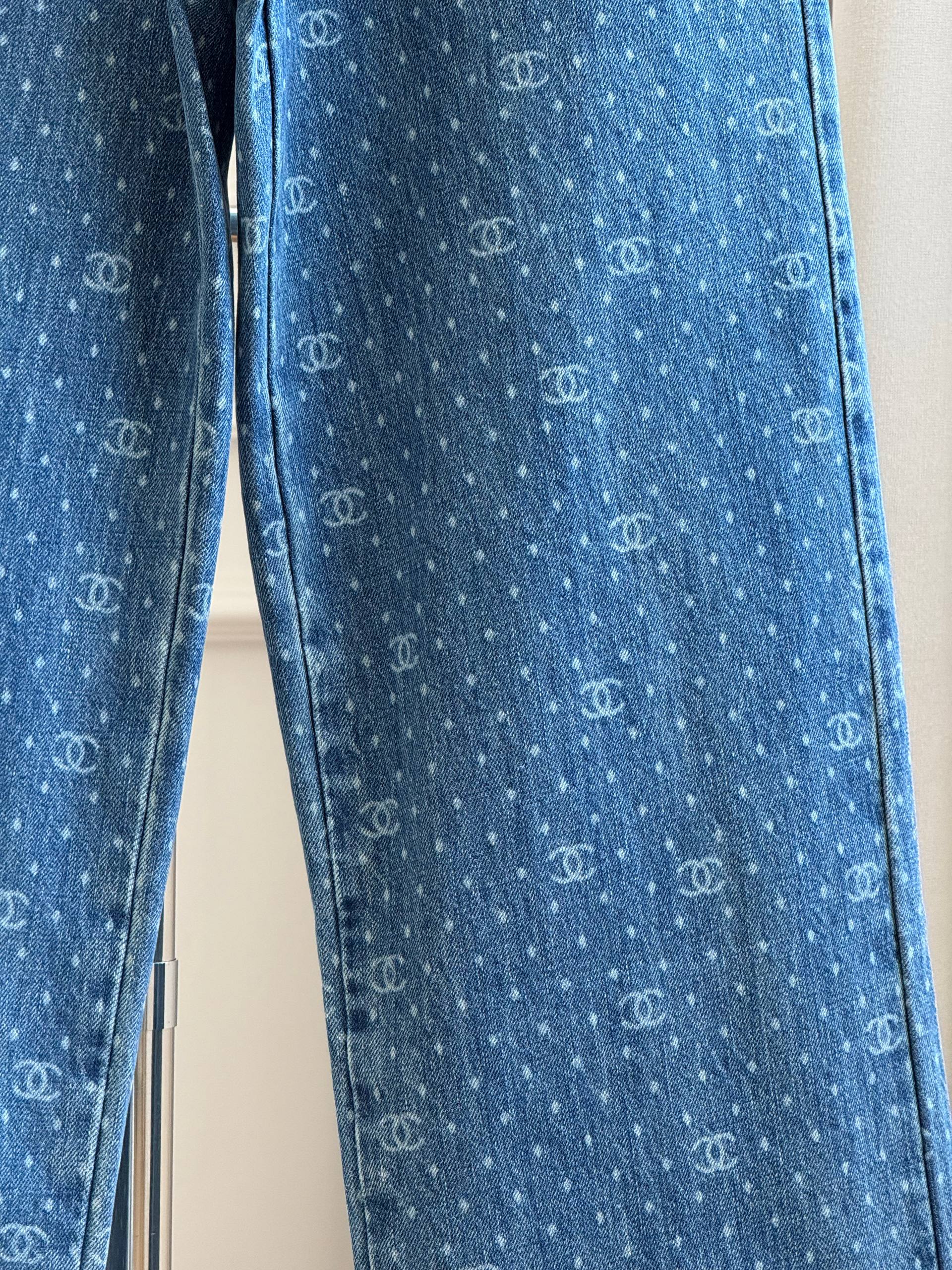 Chanel All-Over CC Monogram Print High-Waisted Wide-Leg Jeans