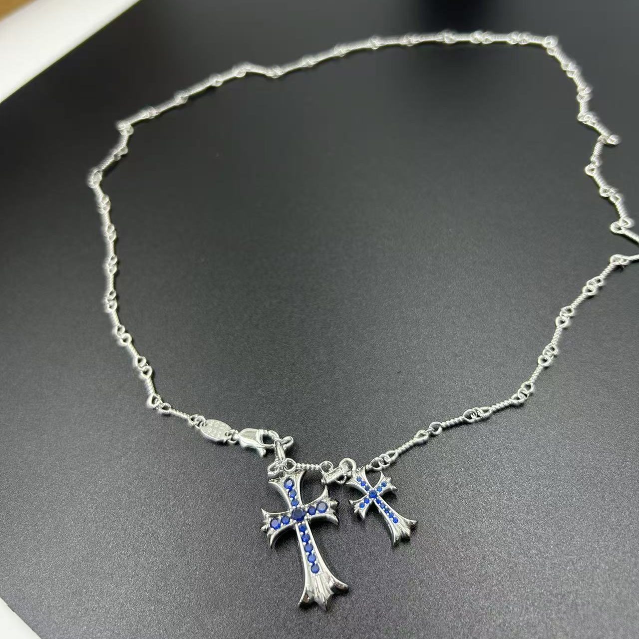 CHROME HEARTS BLUE DIAMOND DOUBLE CROSS LAYERED NECKLACE