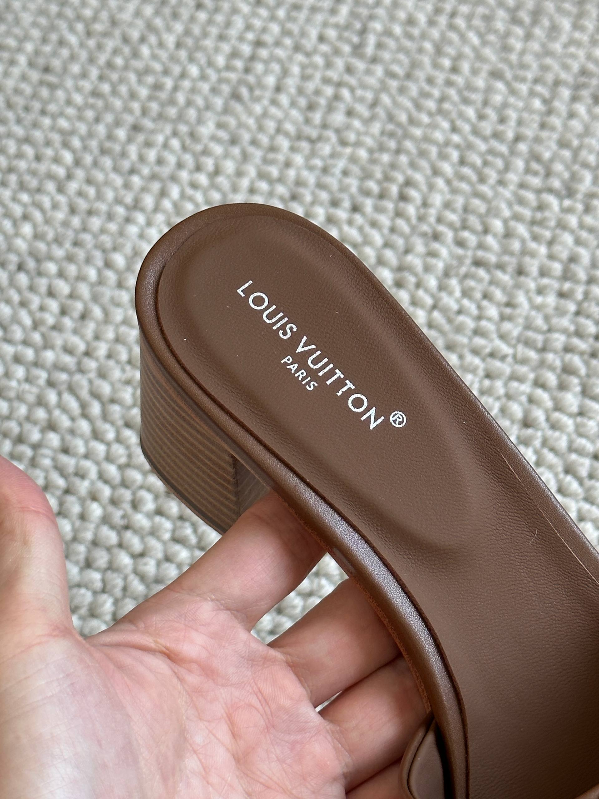 Louis Vuitton Dark Brown Calf Leather LV Logo Block Heel Mules