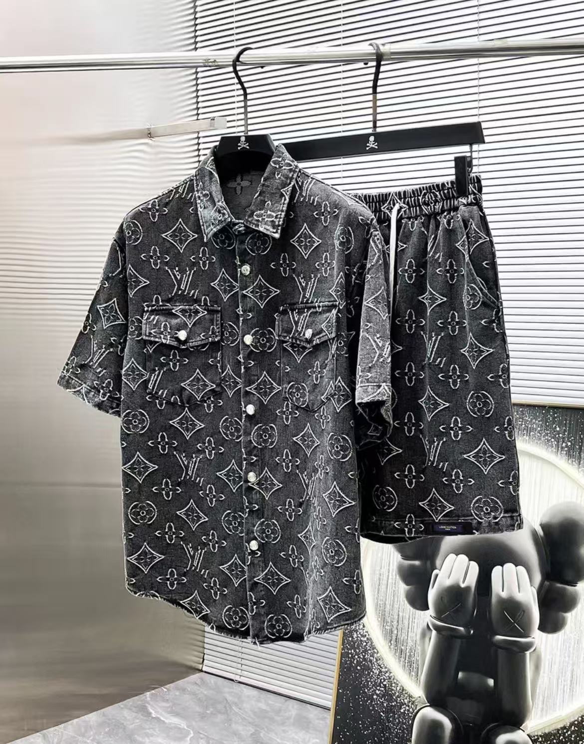 LV Monogram Denim Short Sleeve Shirt & Shorts 2‑Piece Matching Outfit Set