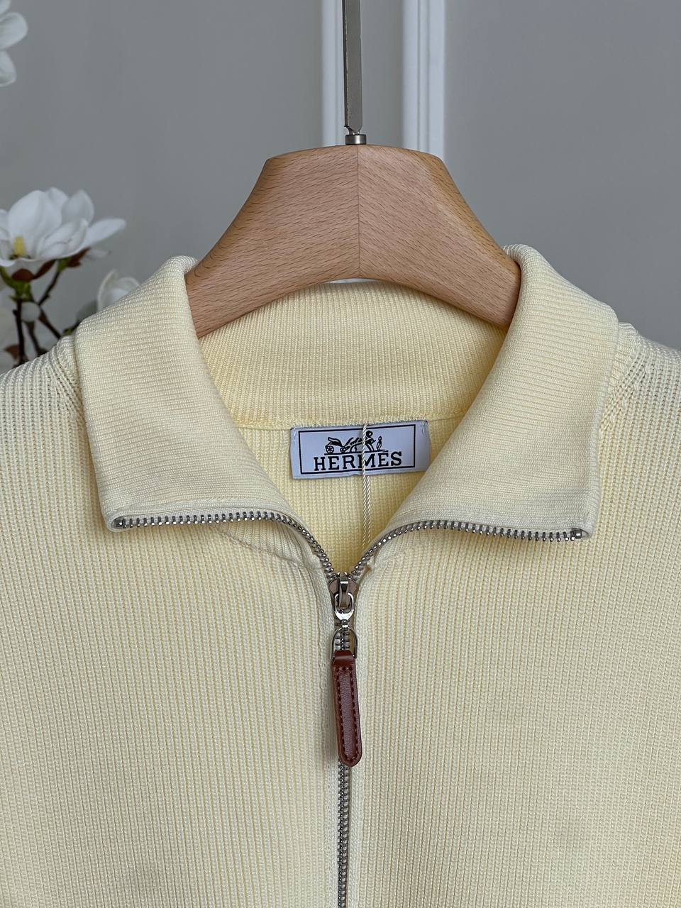 Hermès Butter Yellow Stand Collar H Logo Zip-up Knit Cardigan Jacket