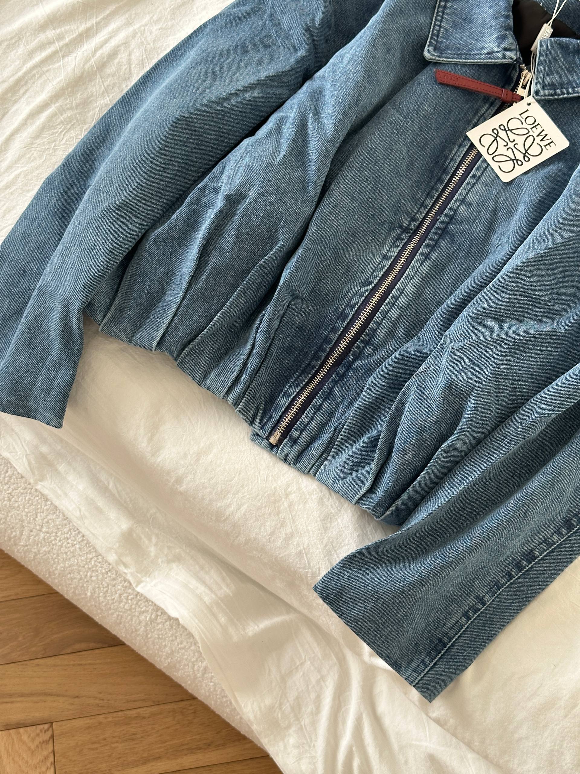 Loewe Washed Denim Gathered Waist Zip Bomber Jacket
