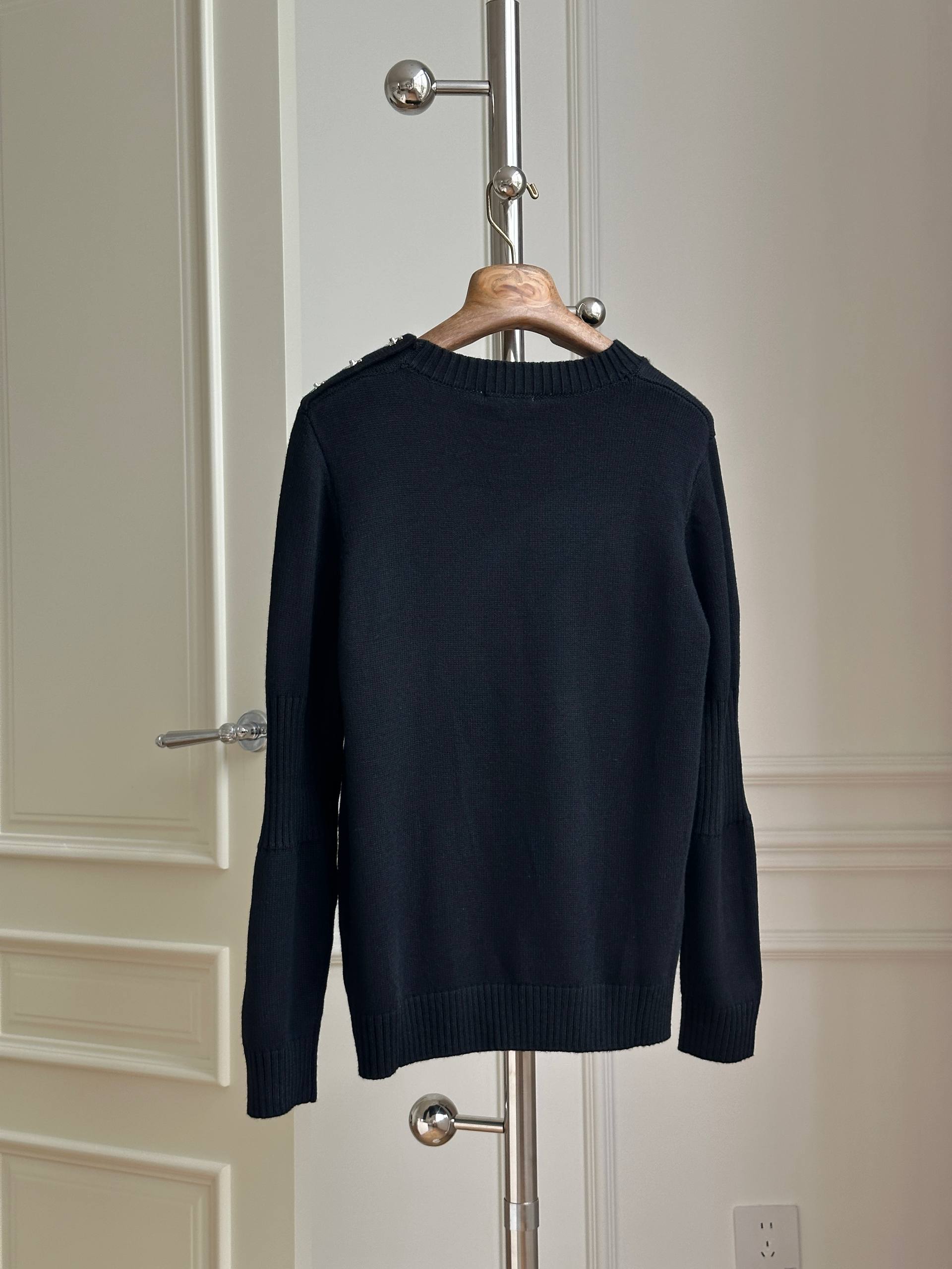 Chanel Black Crew Neck Shoulder Button Wool Knit Sweater