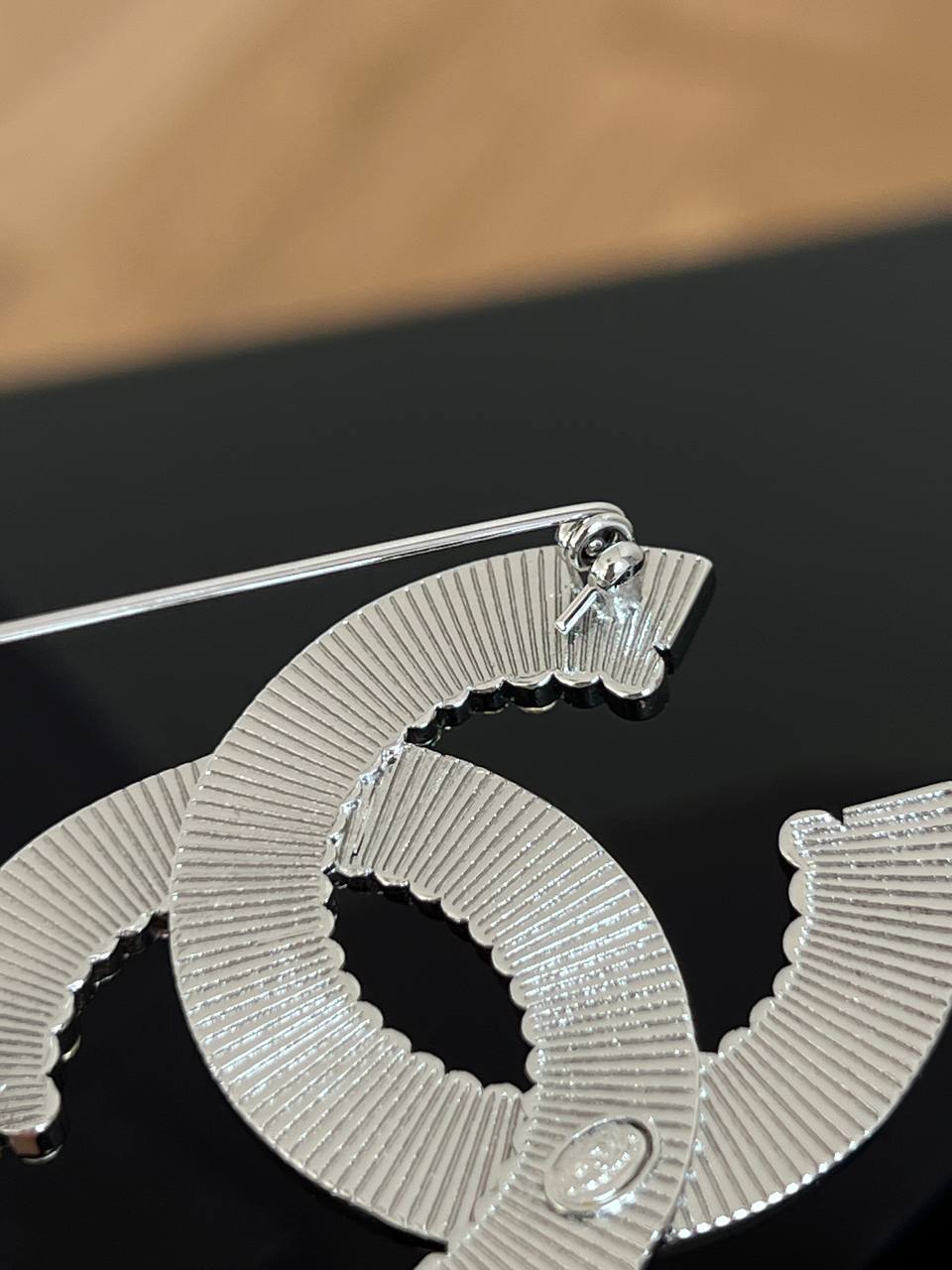 Chanel Silver Metal Baguette & Round Crystal Interlocking CC Brooch