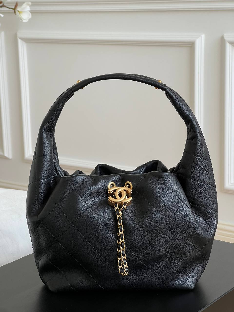 Chanel Black Caviar Leather Quilted Gold CC Lock Top Handle Hobo Underarm Bag