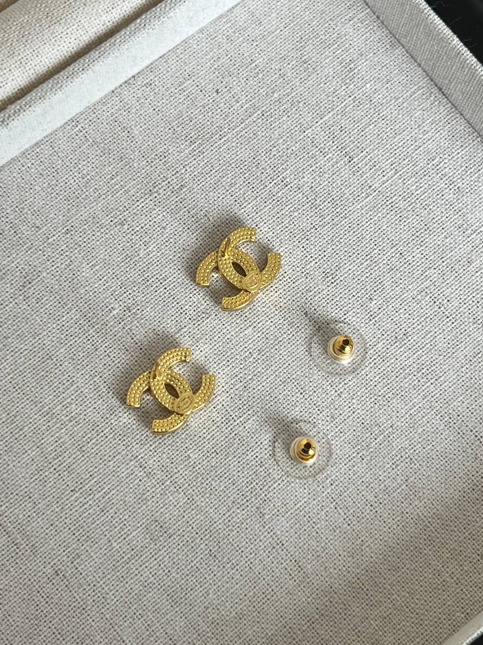 Chanel Light Gold Full Crystal Interlocking CC Stud Earrings
