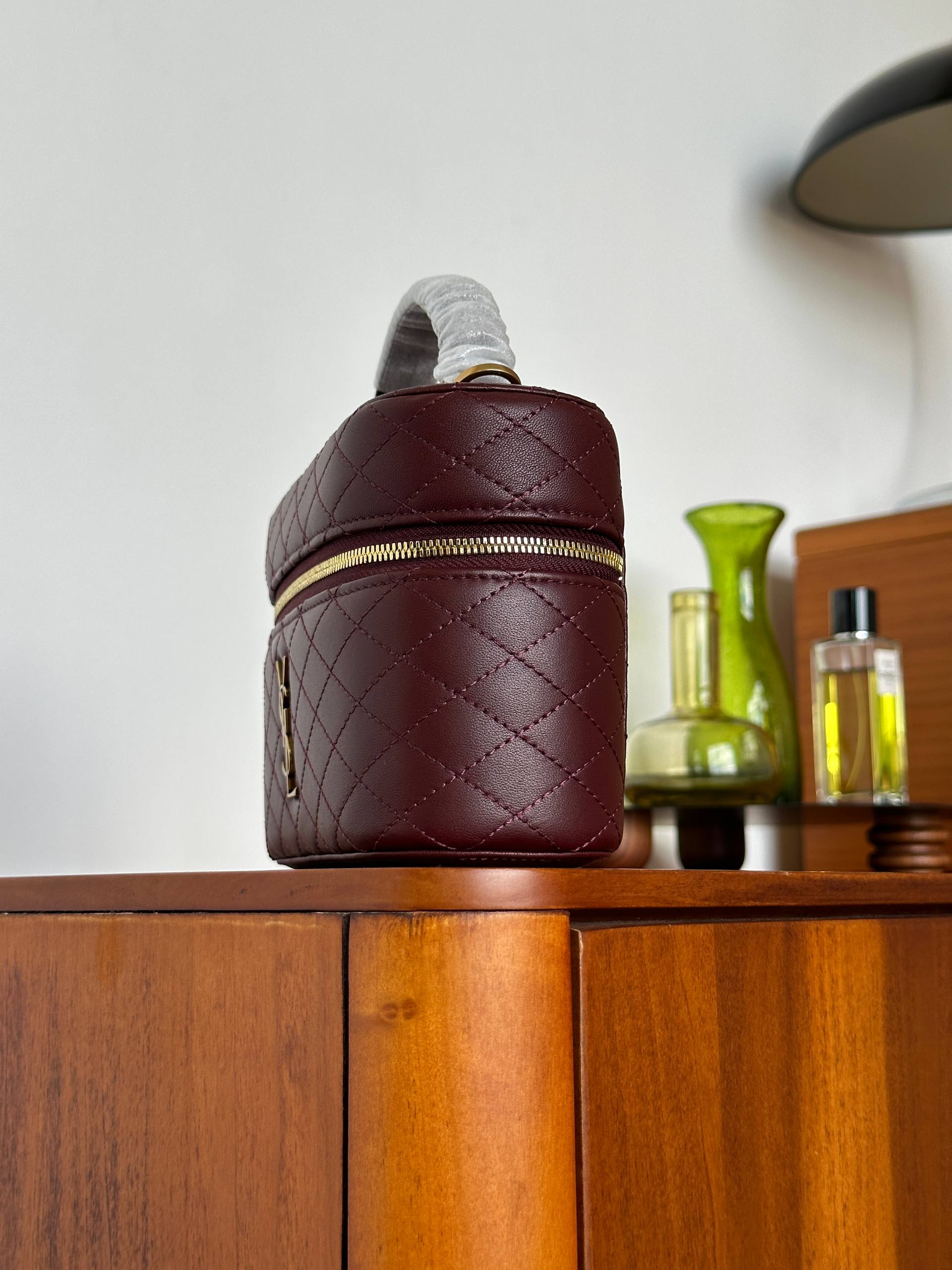 Yves Saint Laurent Burgundy Quilted Lambskin Mini Vanity Top Handle Bag