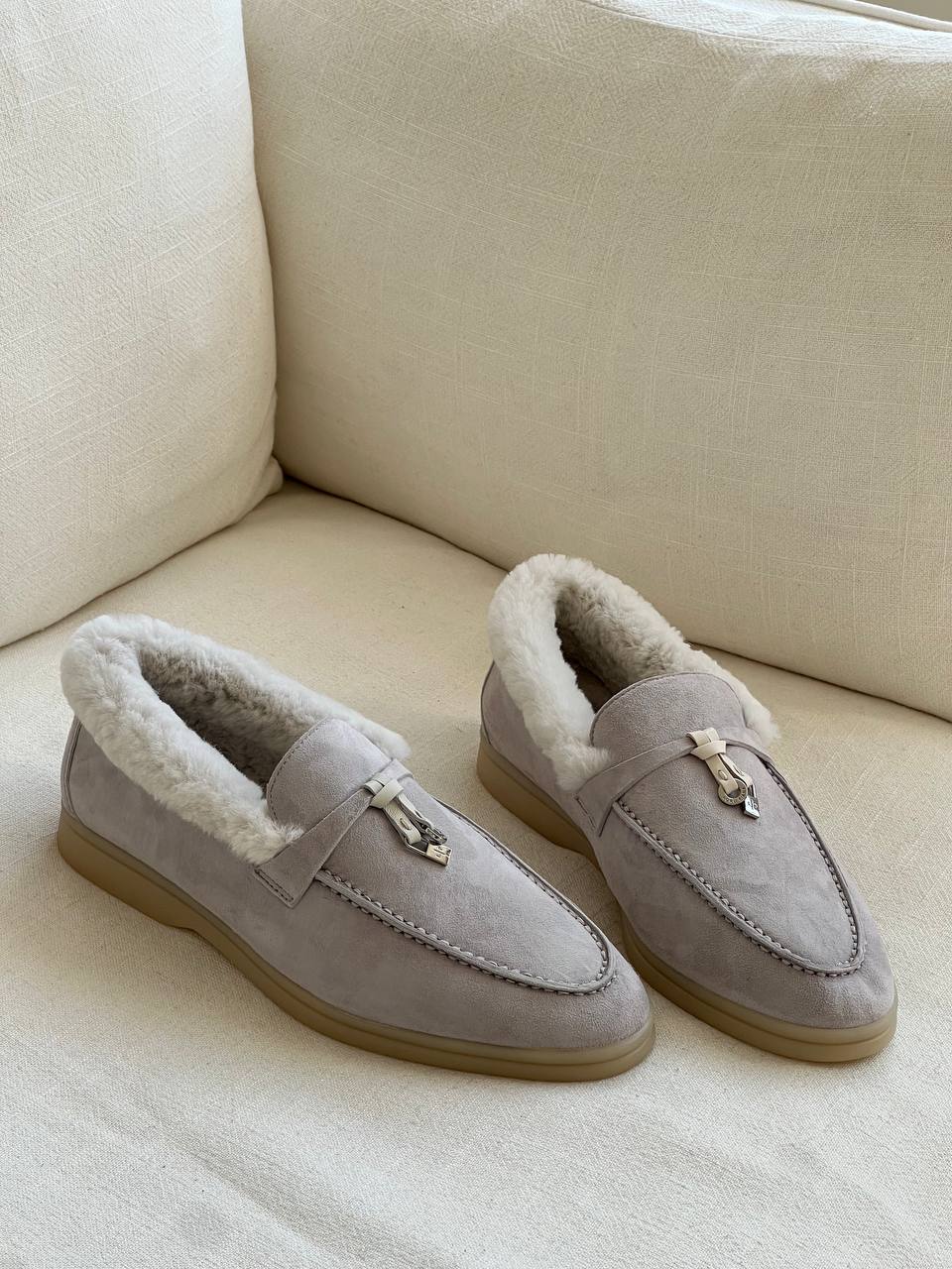 Loro Piana Light Grey Suede Shearling Lined Lock Detail Loafers